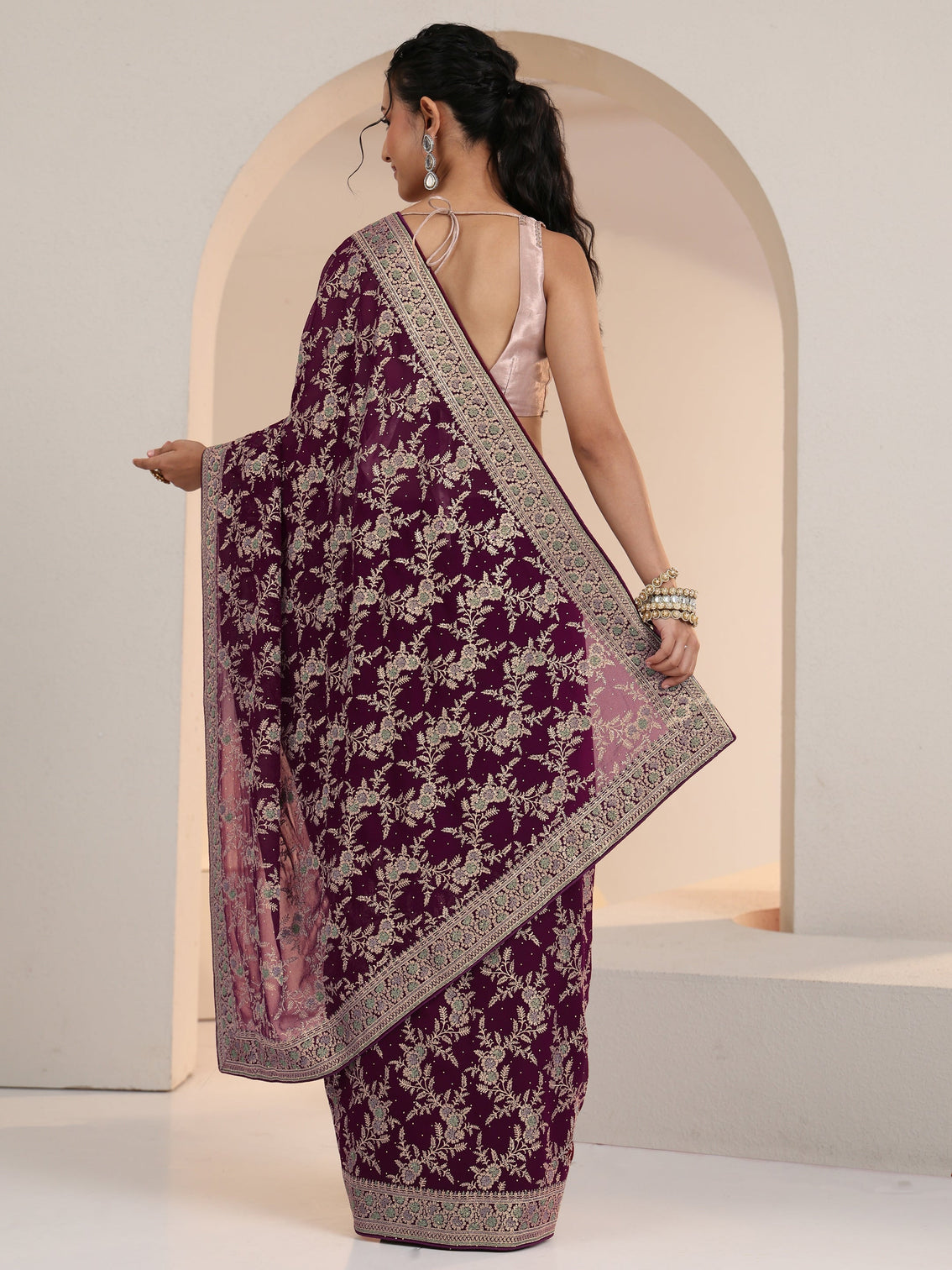 Mameraa Wine Red Floral  Embroidered Georgette Saree