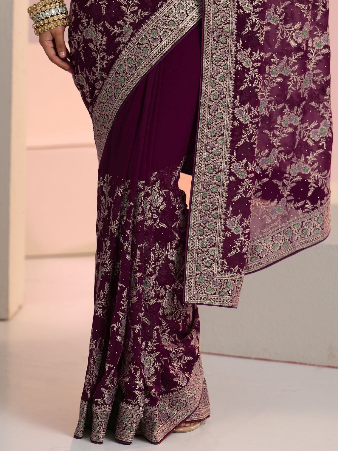 Mameraa Wine Red Floral  Embroidered Georgette Saree