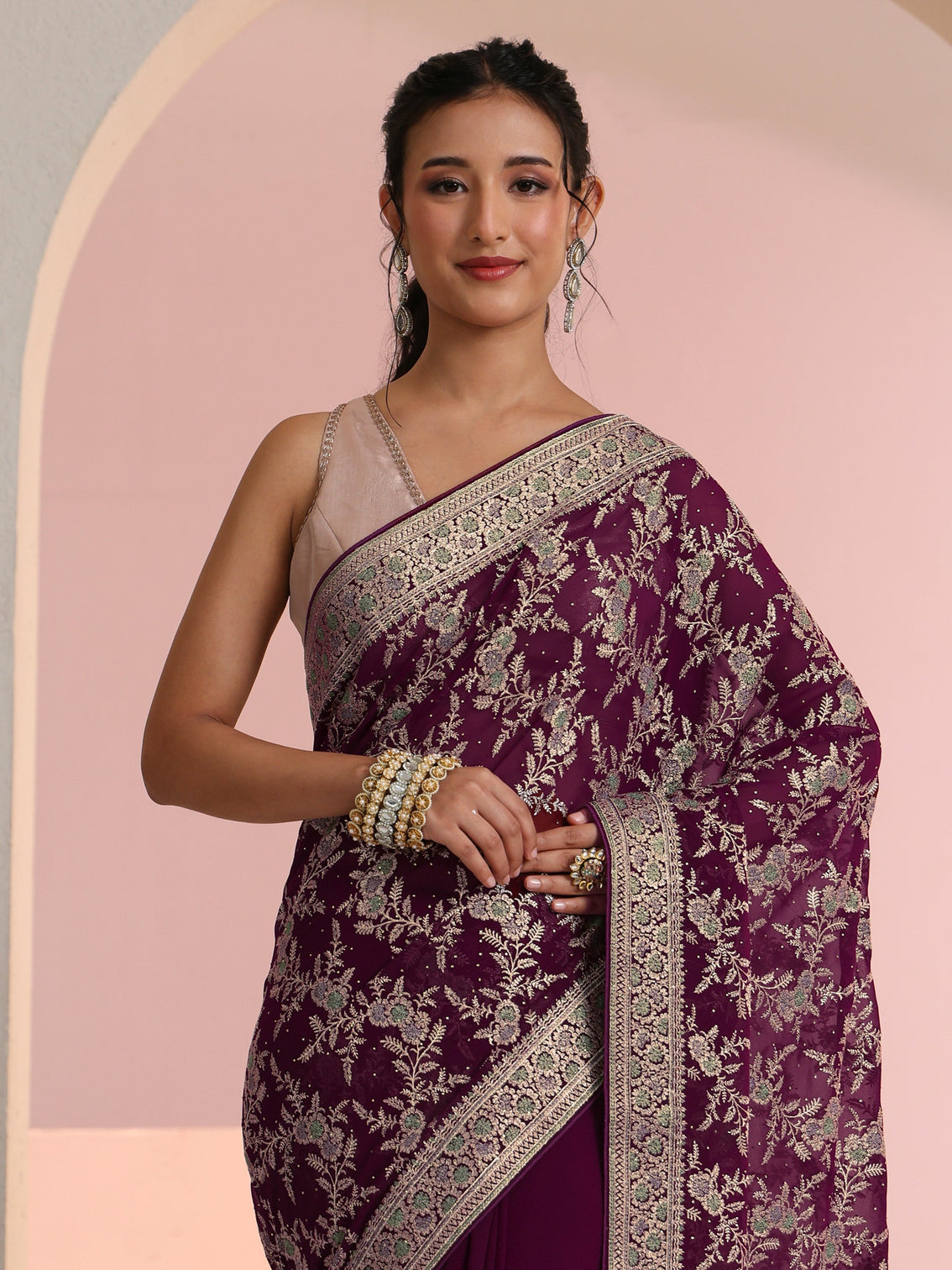 Mameraa Wine Red Floral  Embroidered Georgette Saree