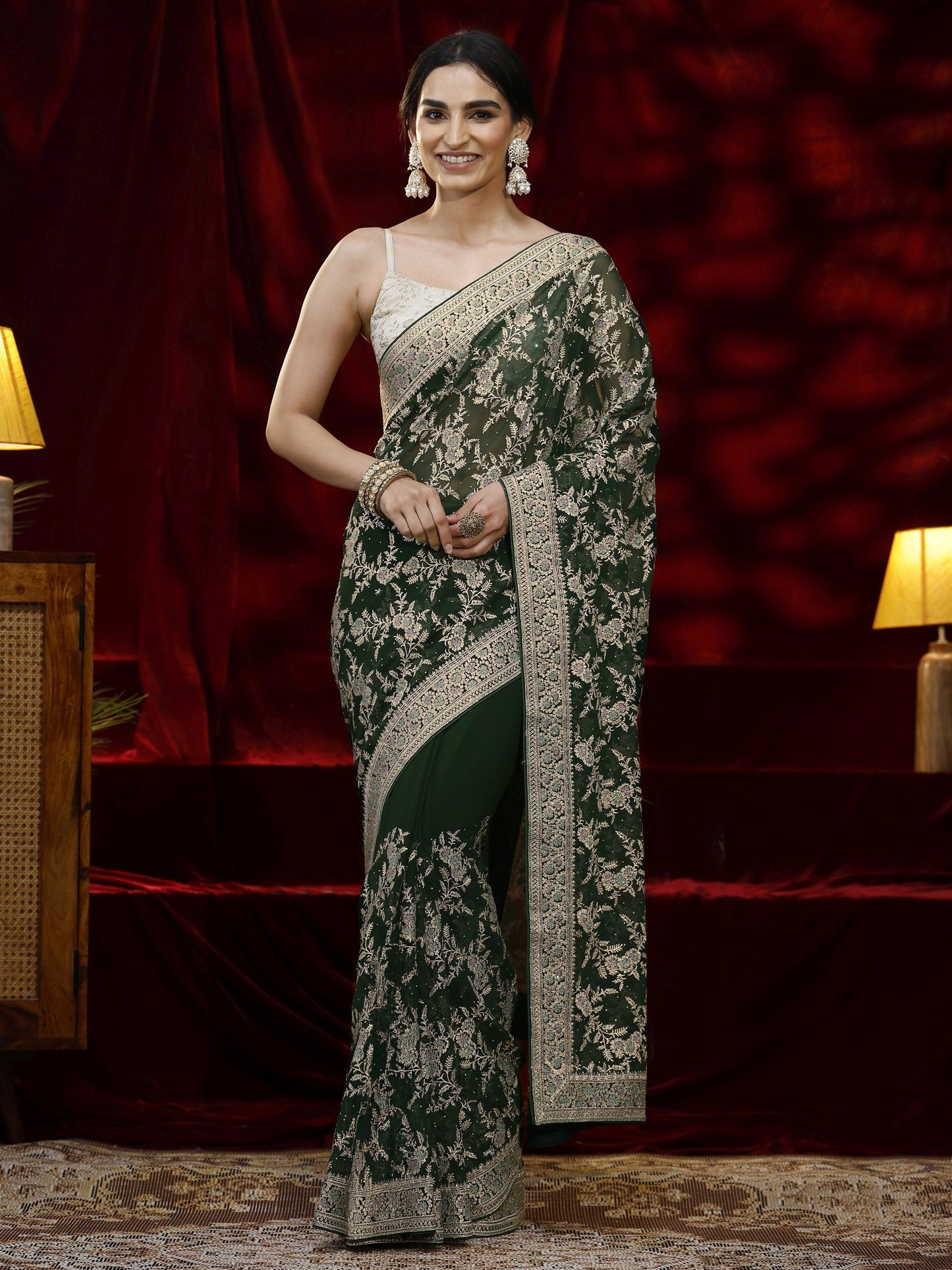Libas Green Floral Embroidered Georgette Saree