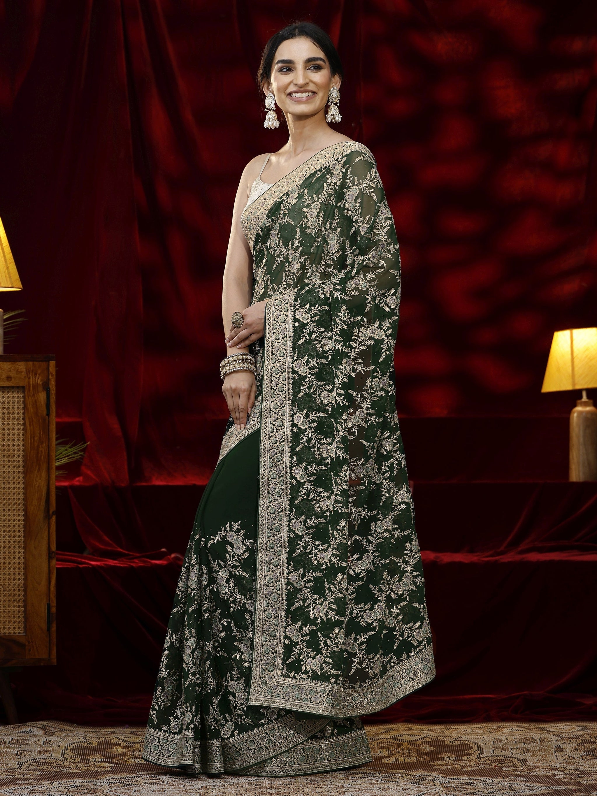 Libas Green Floral Embroidered Georgette Saree