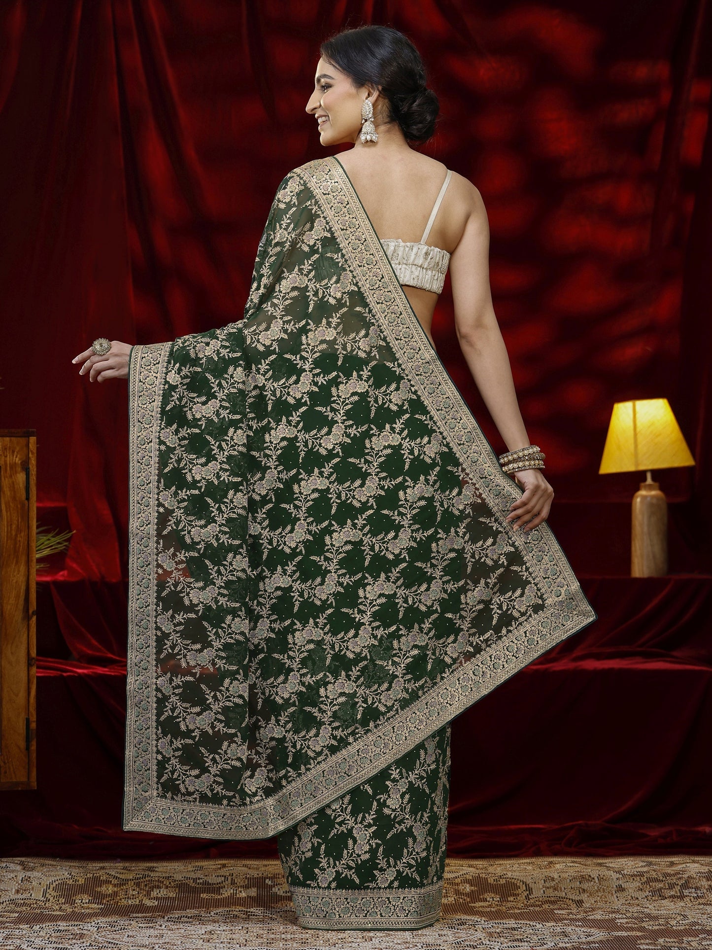 Libas Green Floral Embroidered Georgette Saree