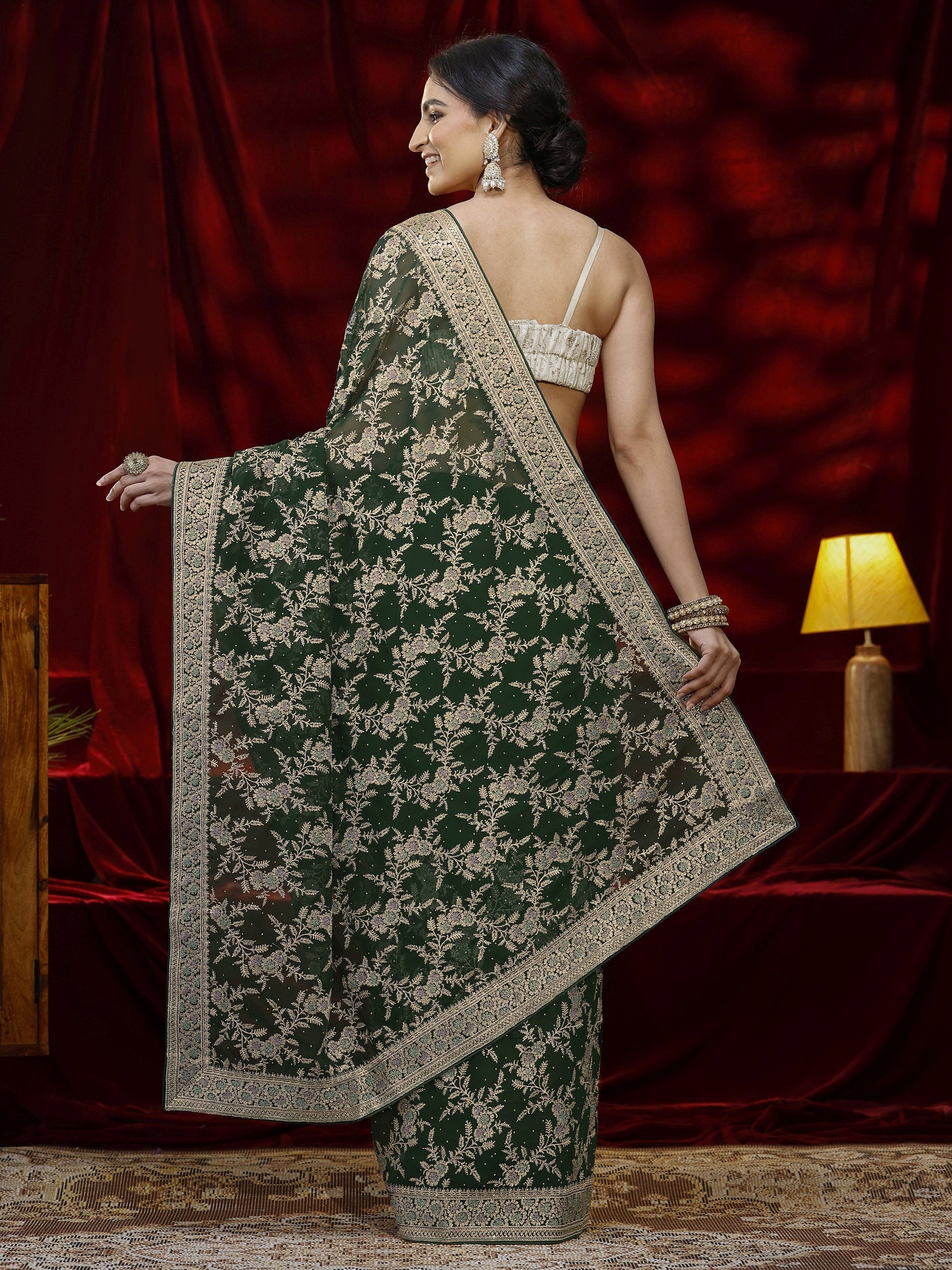 Libas Green Floral Embroidered Georgette Saree