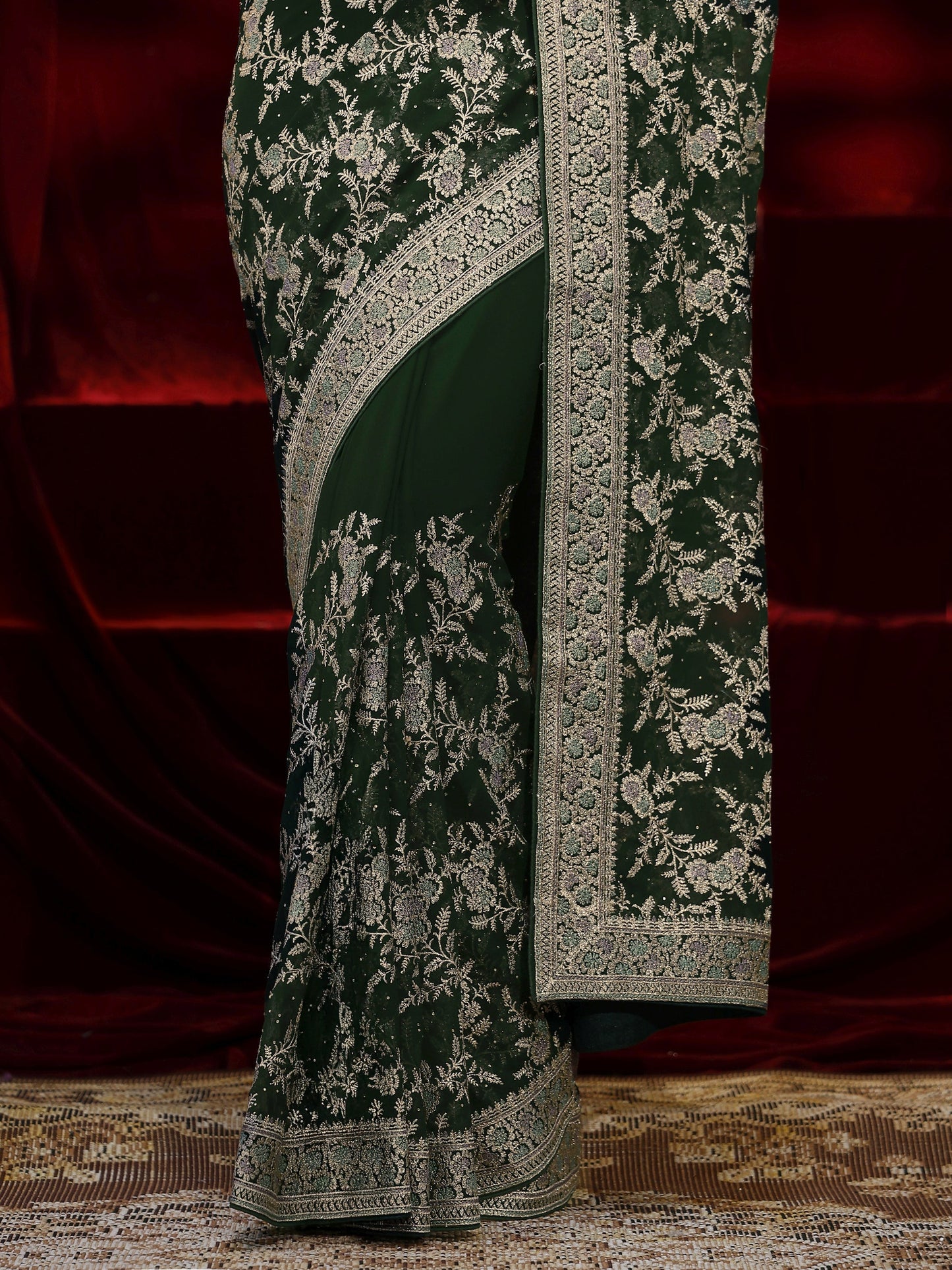 Libas Green Floral Embroidered Georgette Saree