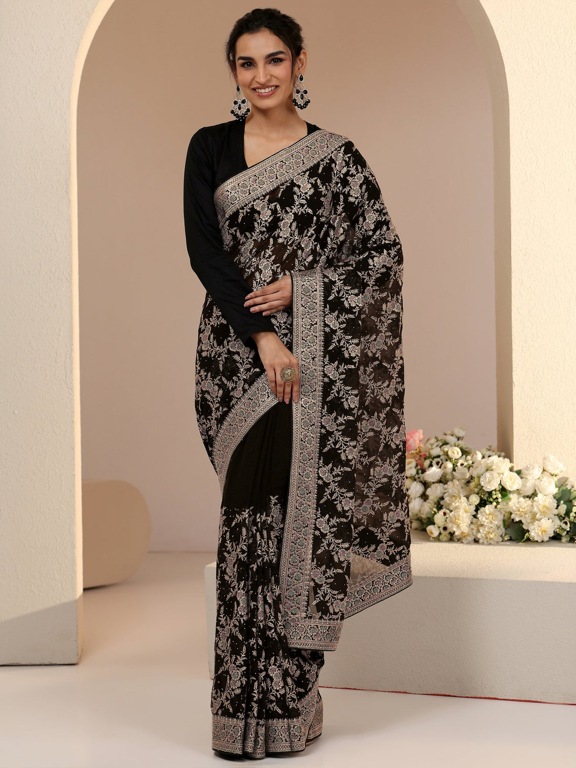 Mameraa Black Floral Embroidered Georgette Saree