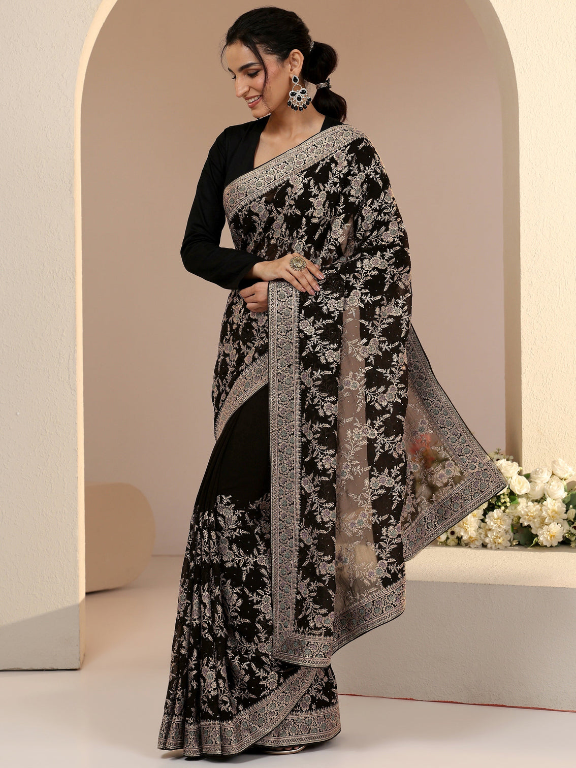 Mameraa Black Floral Embroidered Georgette Saree
