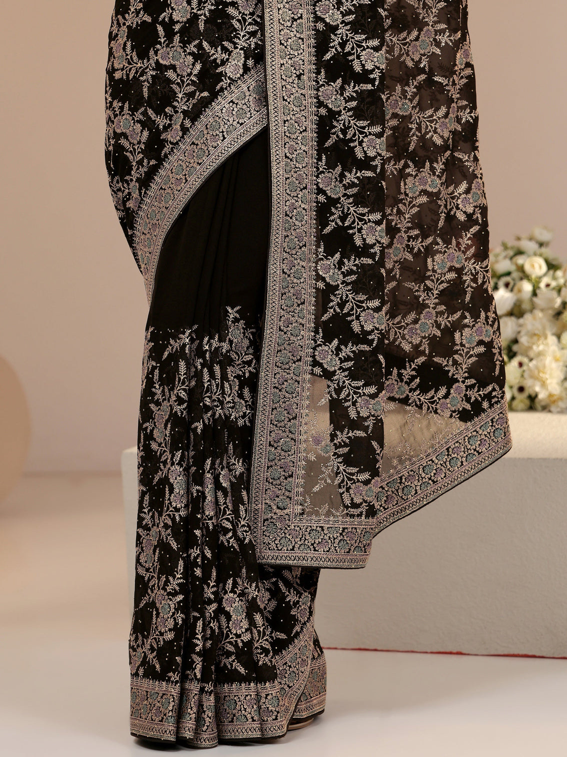 Mameraa Black Floral Embroidered Georgette Saree