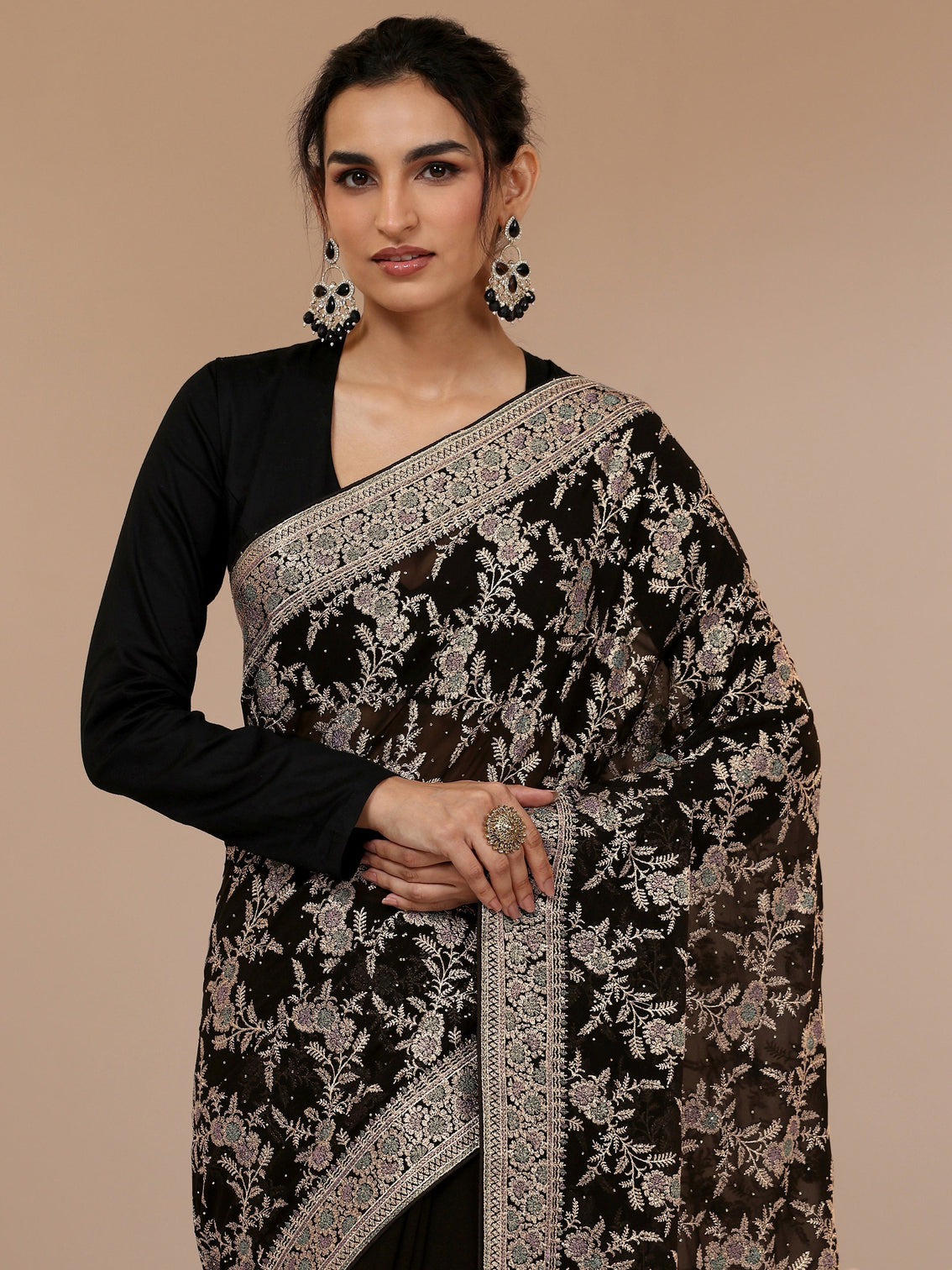 Mameraa Black Floral Embroidered Georgette Saree