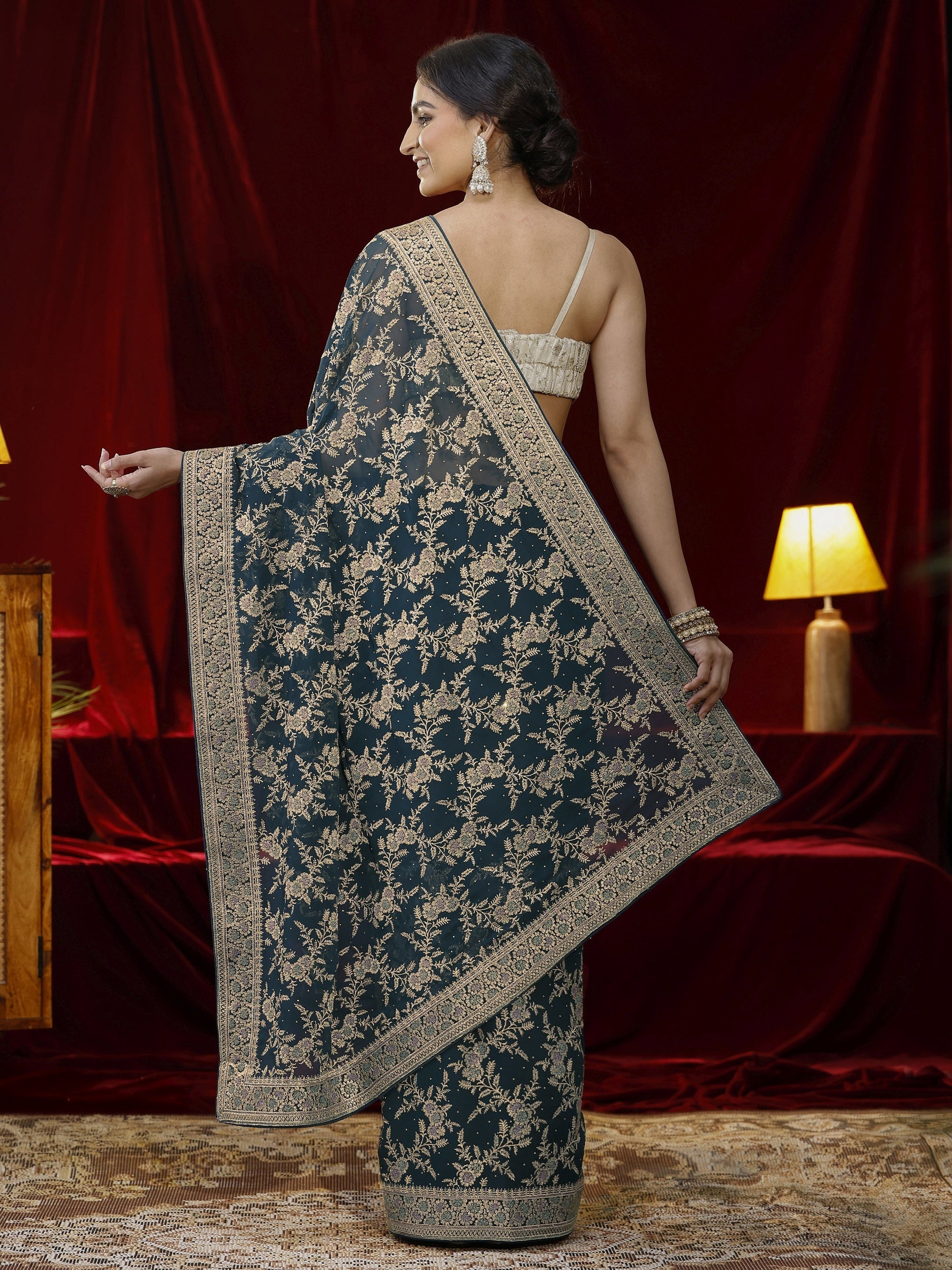Libas Blue Floral Embroidered Georgette Saree