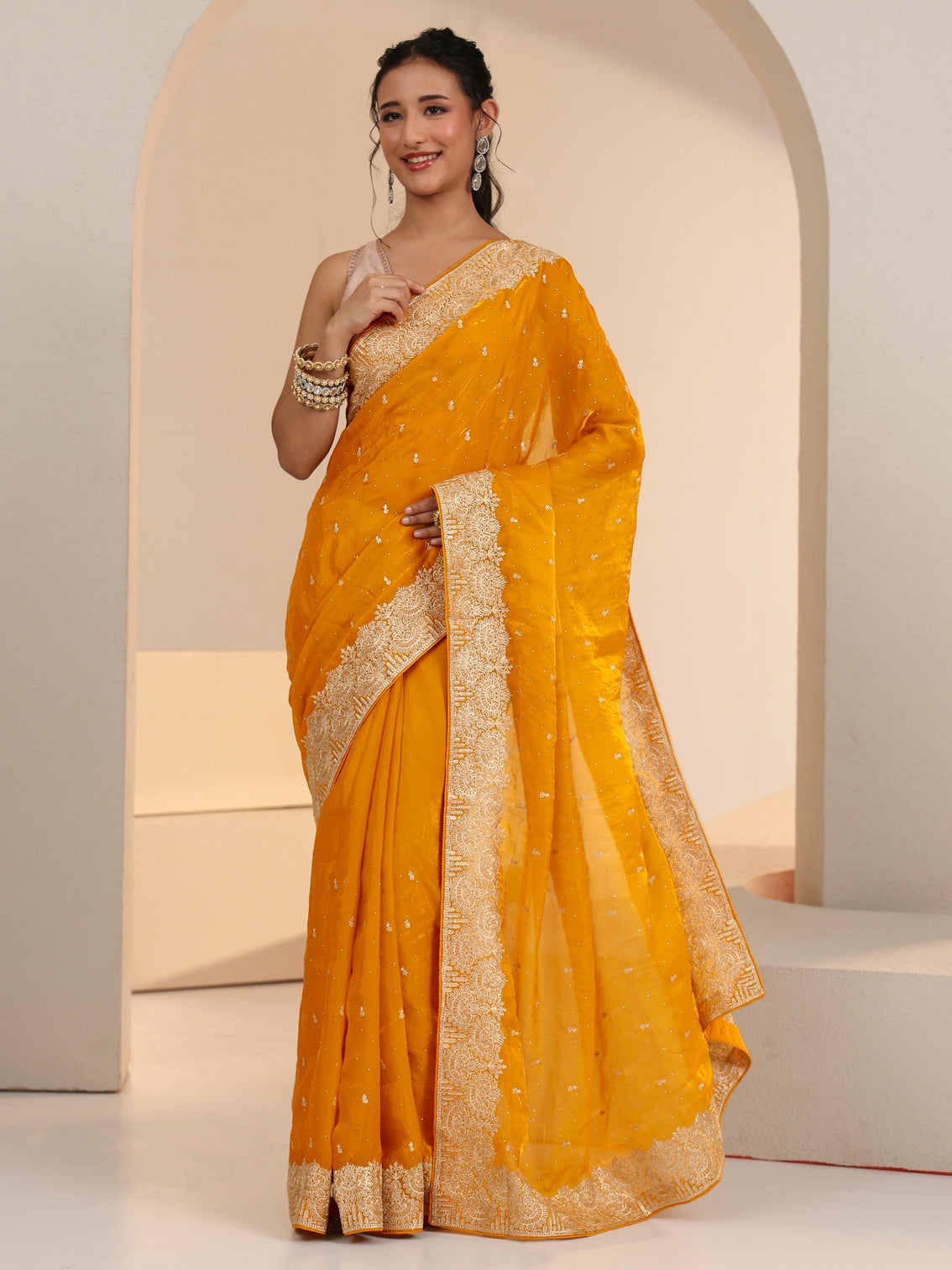 Mameraa Golden Mustard Embellished Tissue Saree