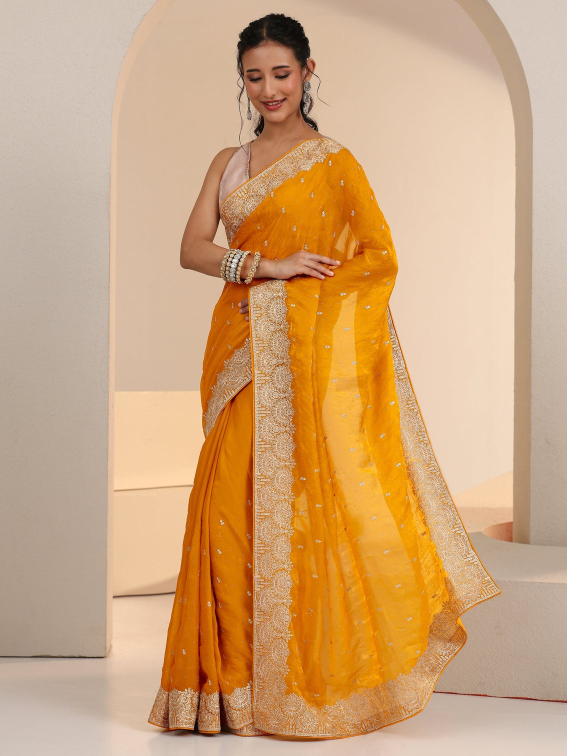 Mameraa Golden Mustard Embellished Tissue Saree