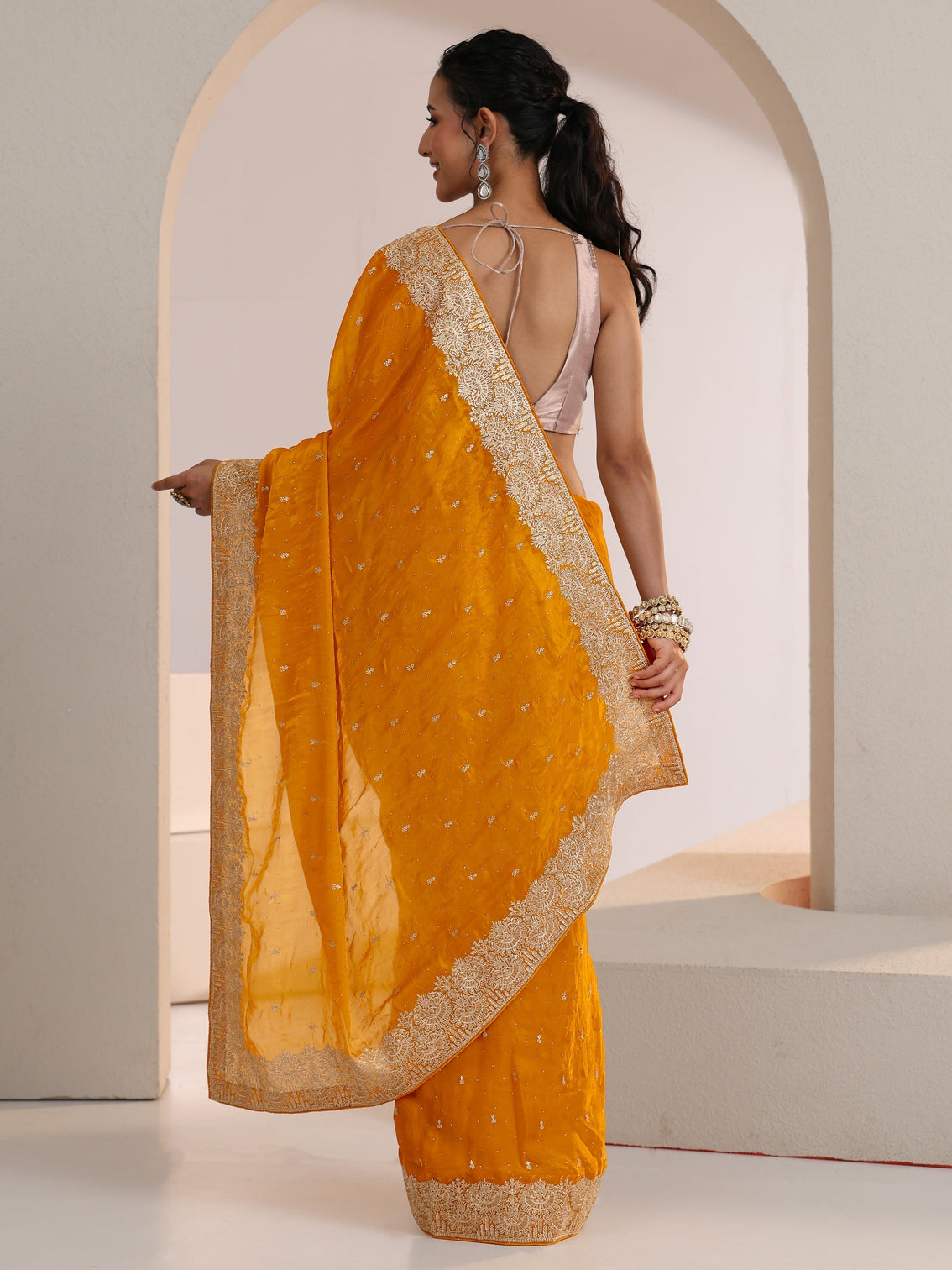 Mameraa Golden Mustard Embellished Tissue Saree