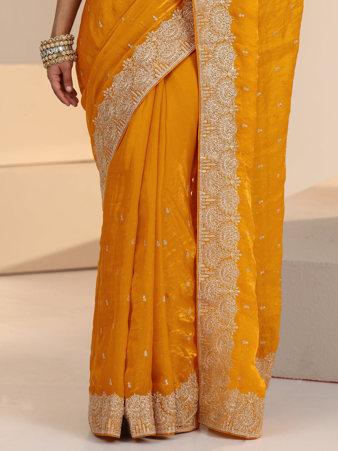 Mameraa Golden Mustard Embellished Tissue Saree