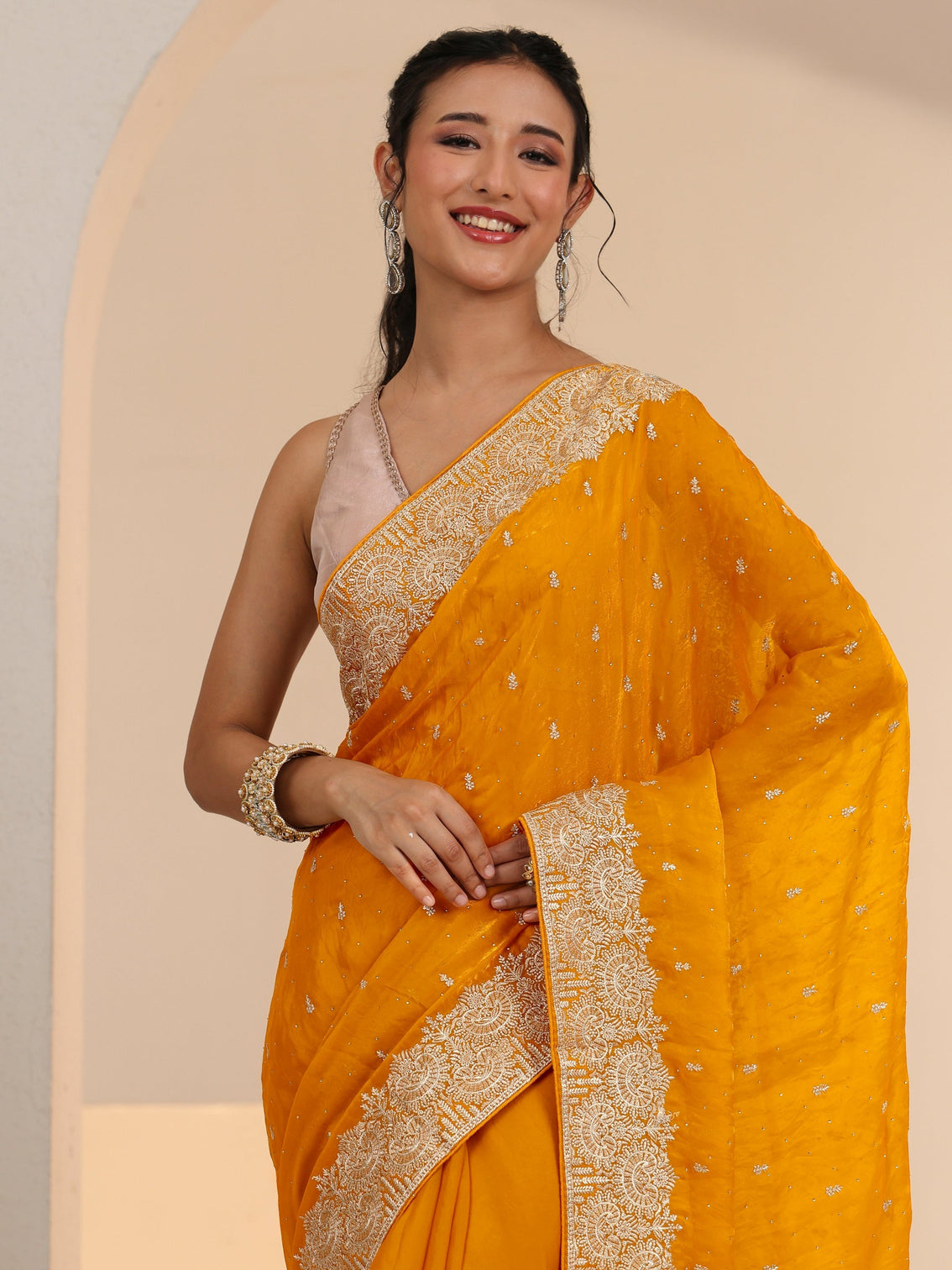Mameraa Golden Mustard Embellished Tissue Saree