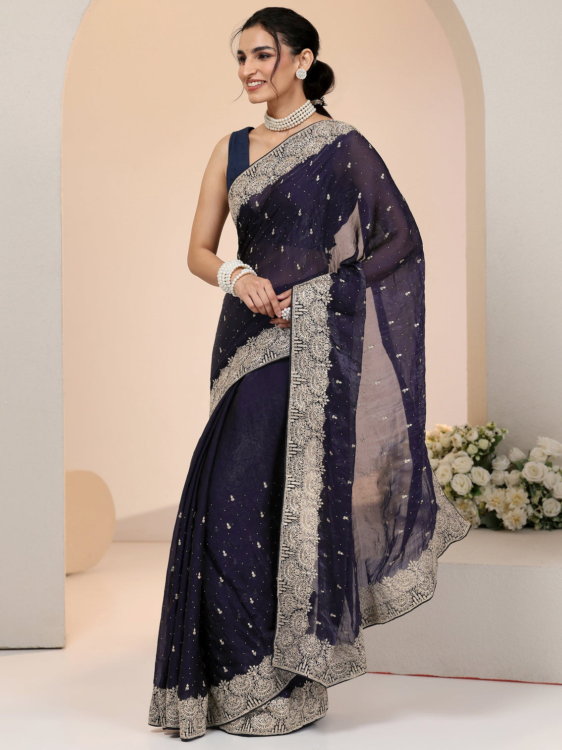 Mameraa Dark Purple Embellished Tissue Saree
