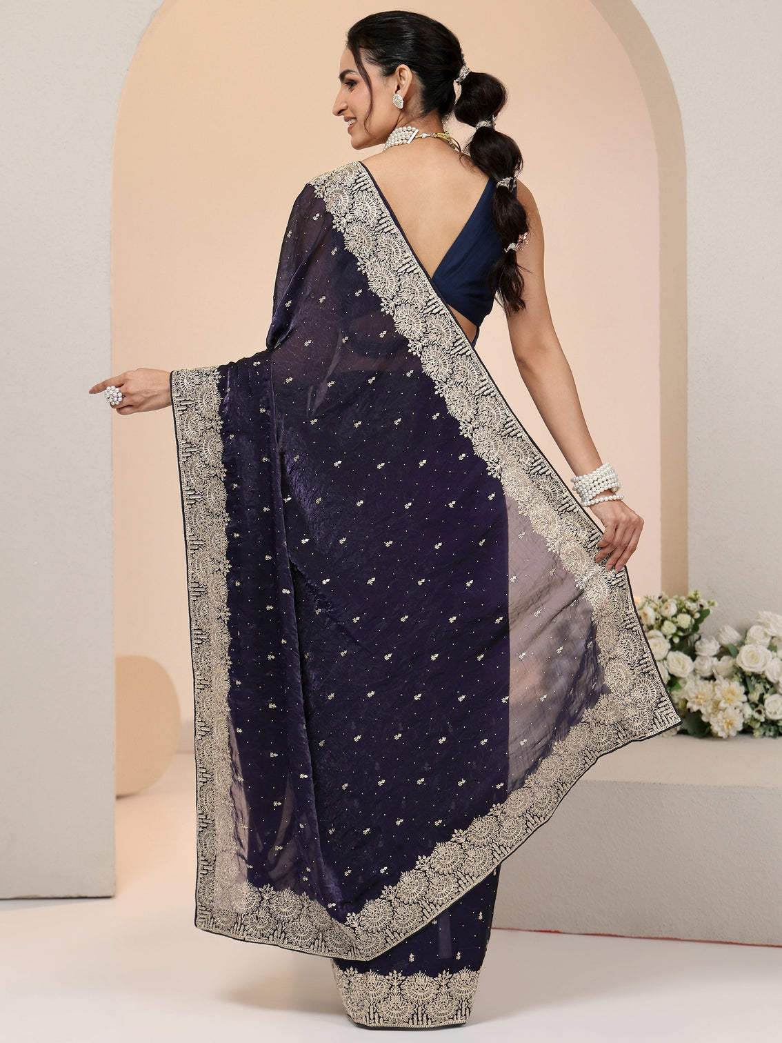 Mameraa Dark Purple Embellished Tissue Saree