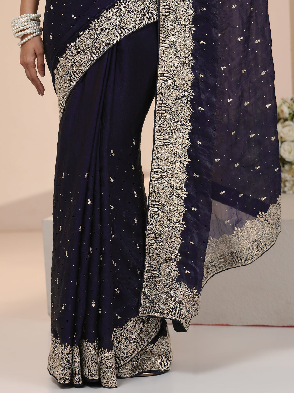 Mameraa Dark Purple Embellished Tissue Saree