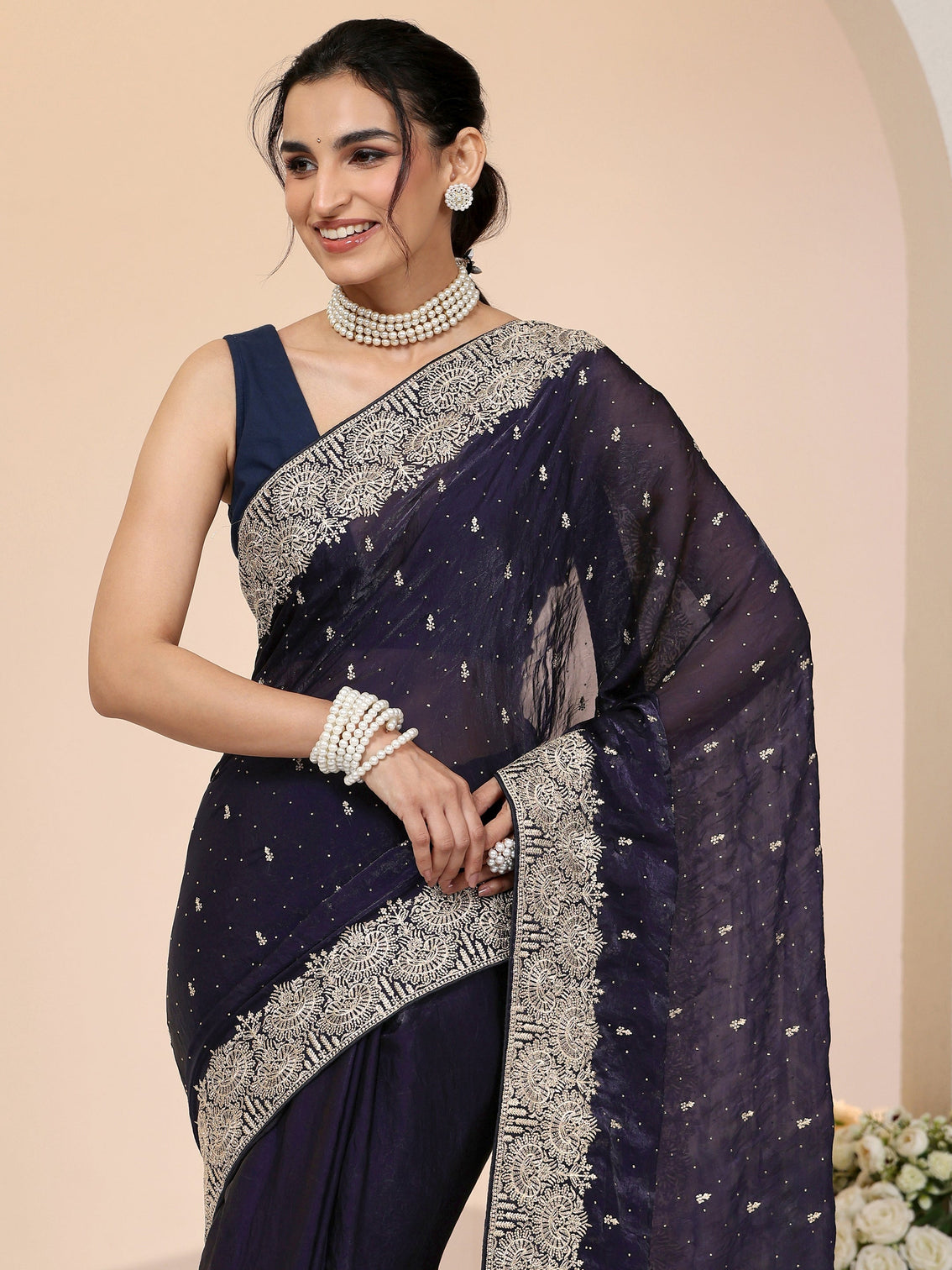 Mameraa Dark Purple Embellished Tissue Saree