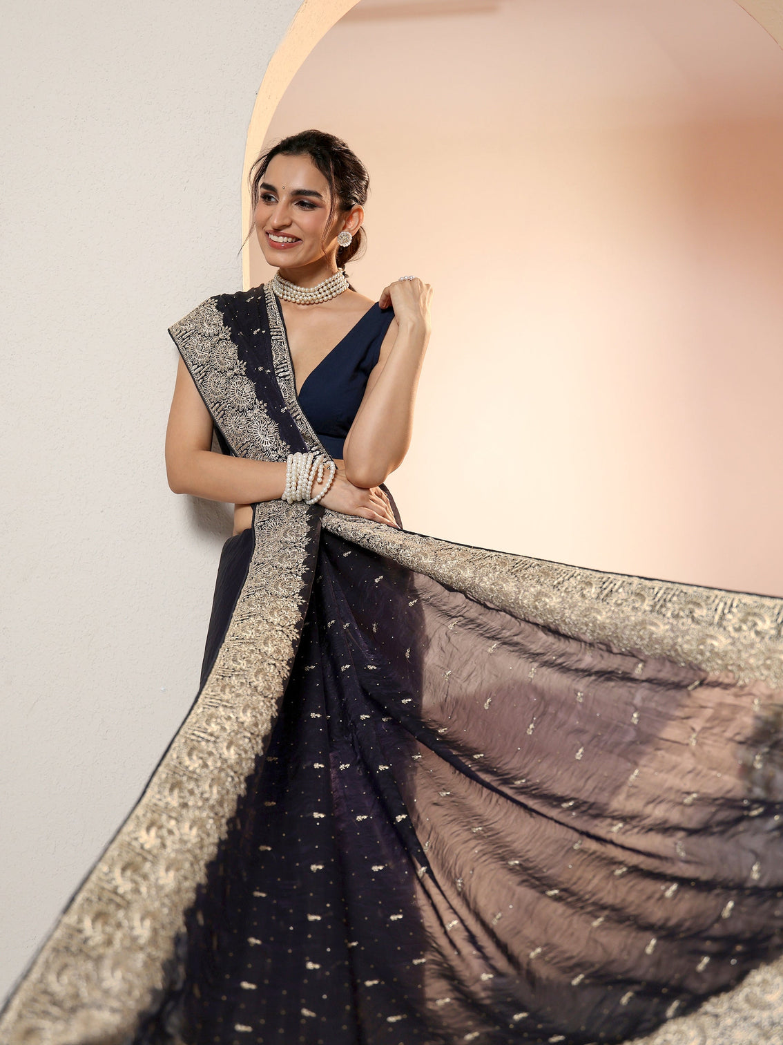 Mameraa Dark Purple Embellished Tissue Saree