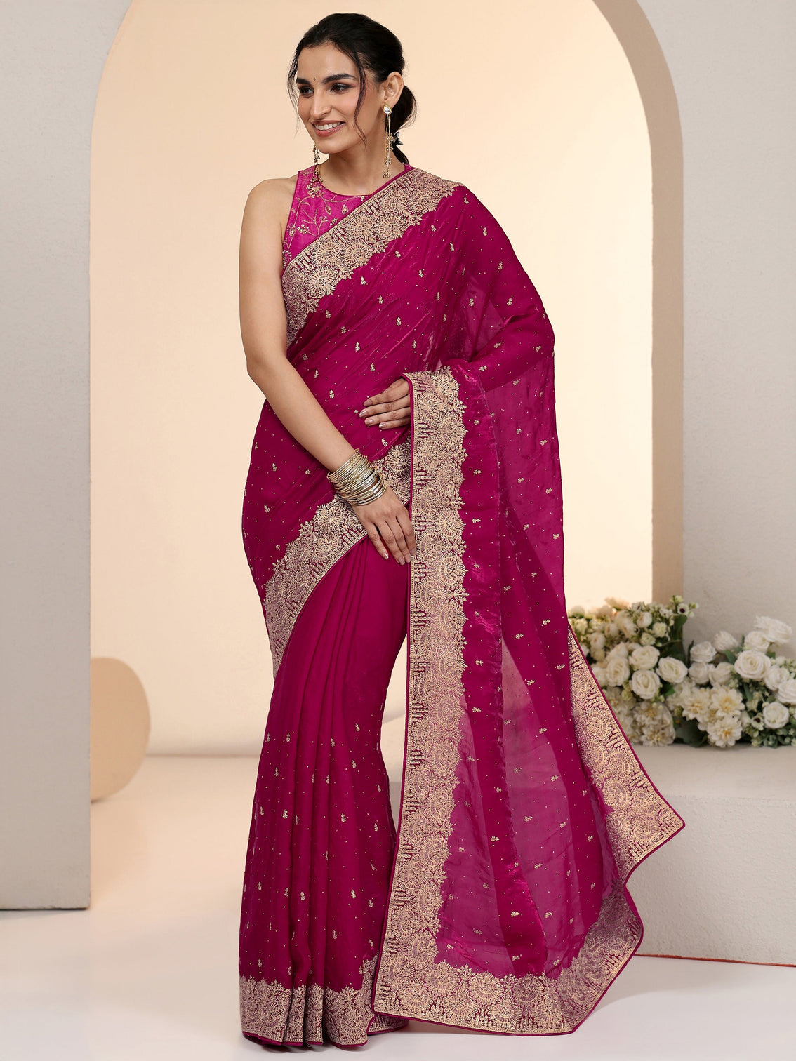 Mameraa Magenta Pink Embellished Tissue Saree