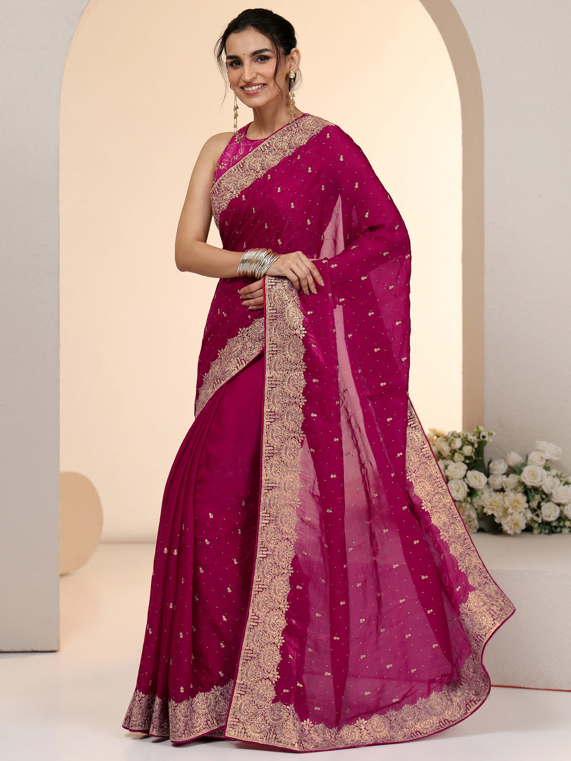 Mameraa Magenta Pink Embellished Tissue Saree