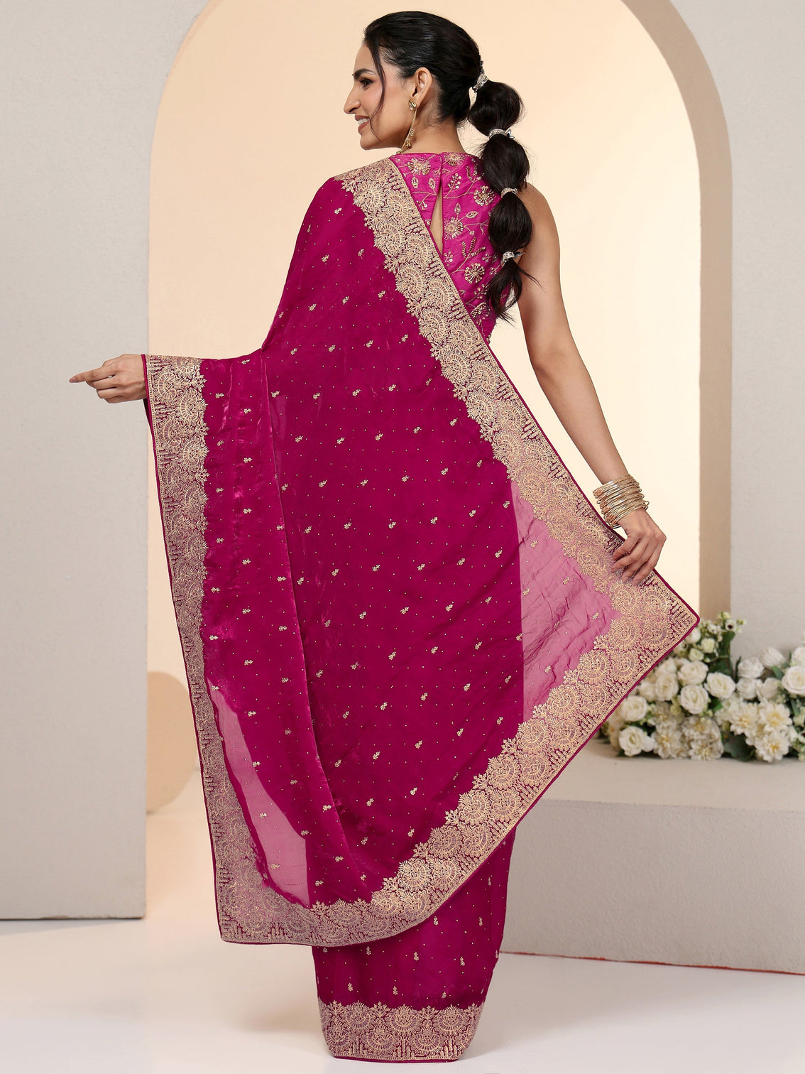 Mameraa Magenta Pink Embellished Tissue Saree