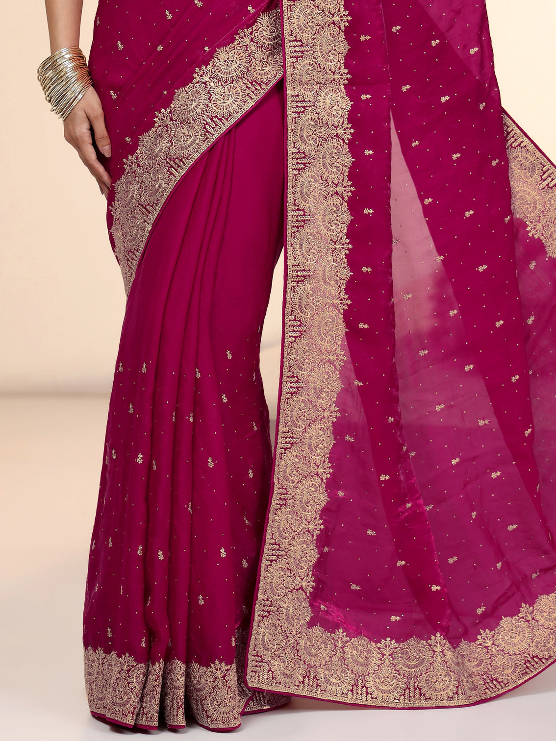 Mameraa Magenta Pink Embellished Tissue Saree
