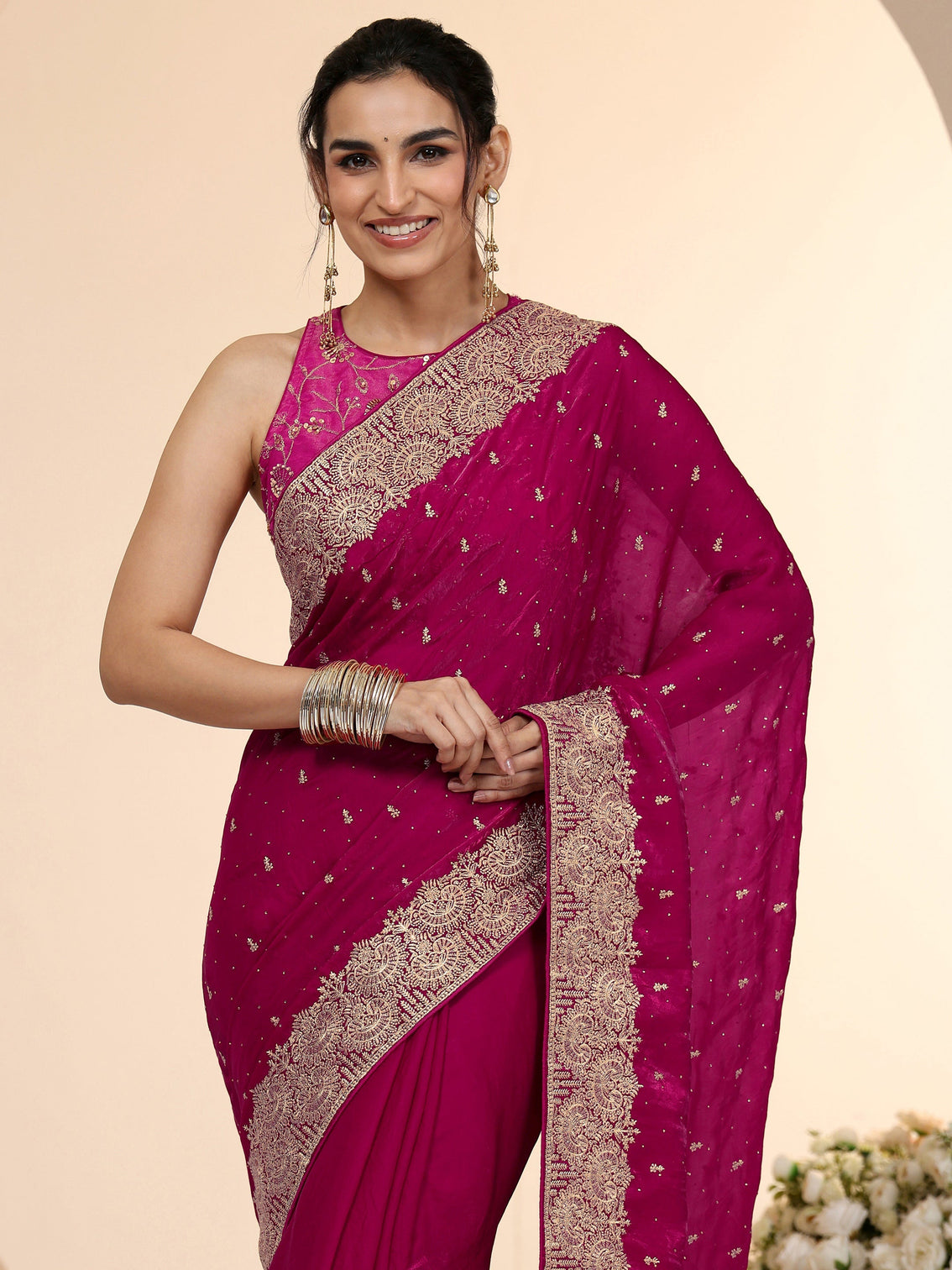 Mameraa Magenta Pink Embellished Tissue Saree