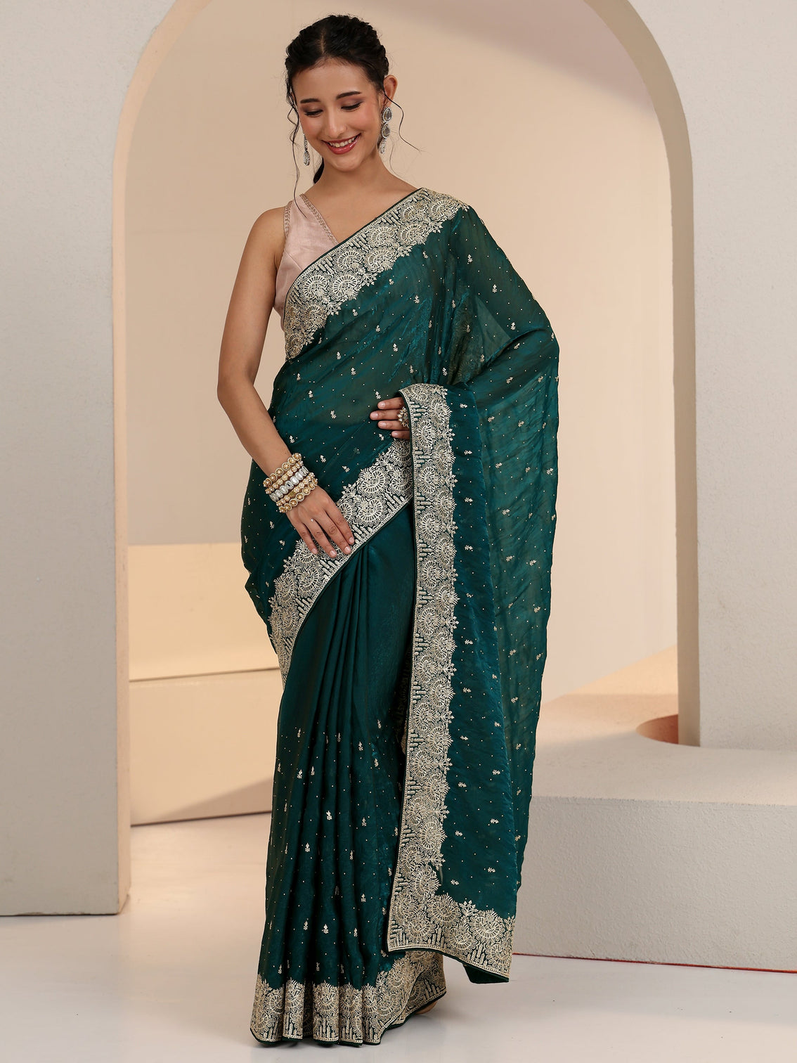 Mameraa Teal Green Embellished Tissue Saree