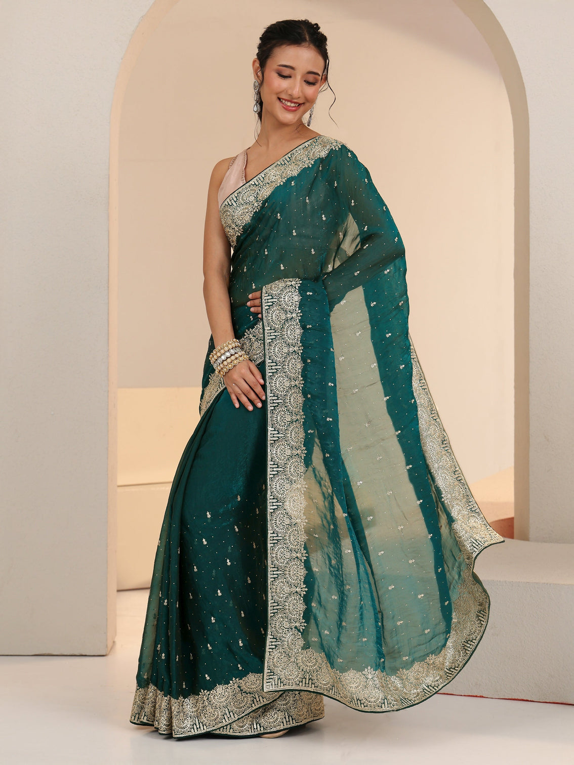 Mameraa Teal Green Embellished Tissue Saree