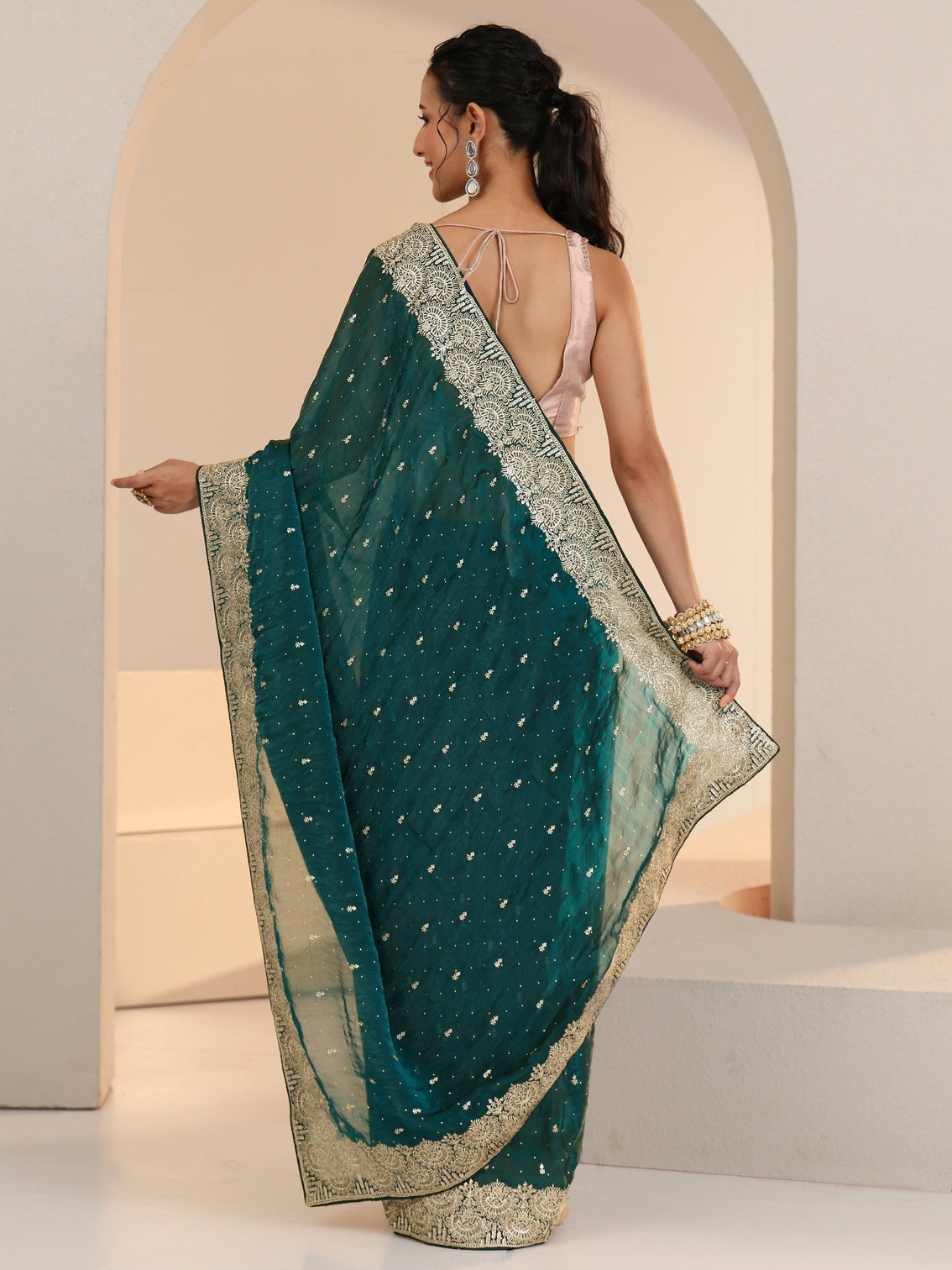 Mameraa Teal Green Embellished Tissue Saree