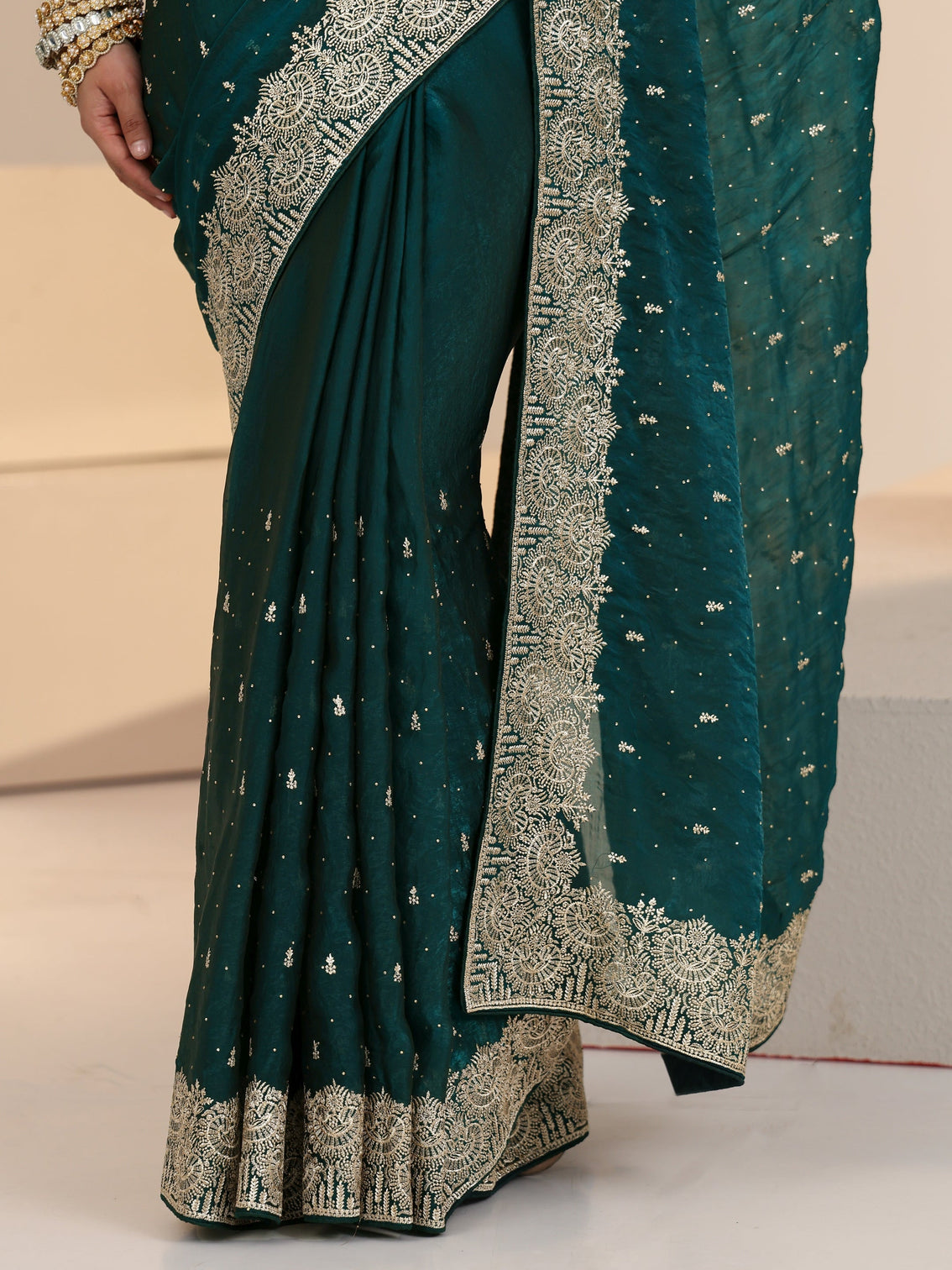 Mameraa Teal Green Embellished Tissue Saree