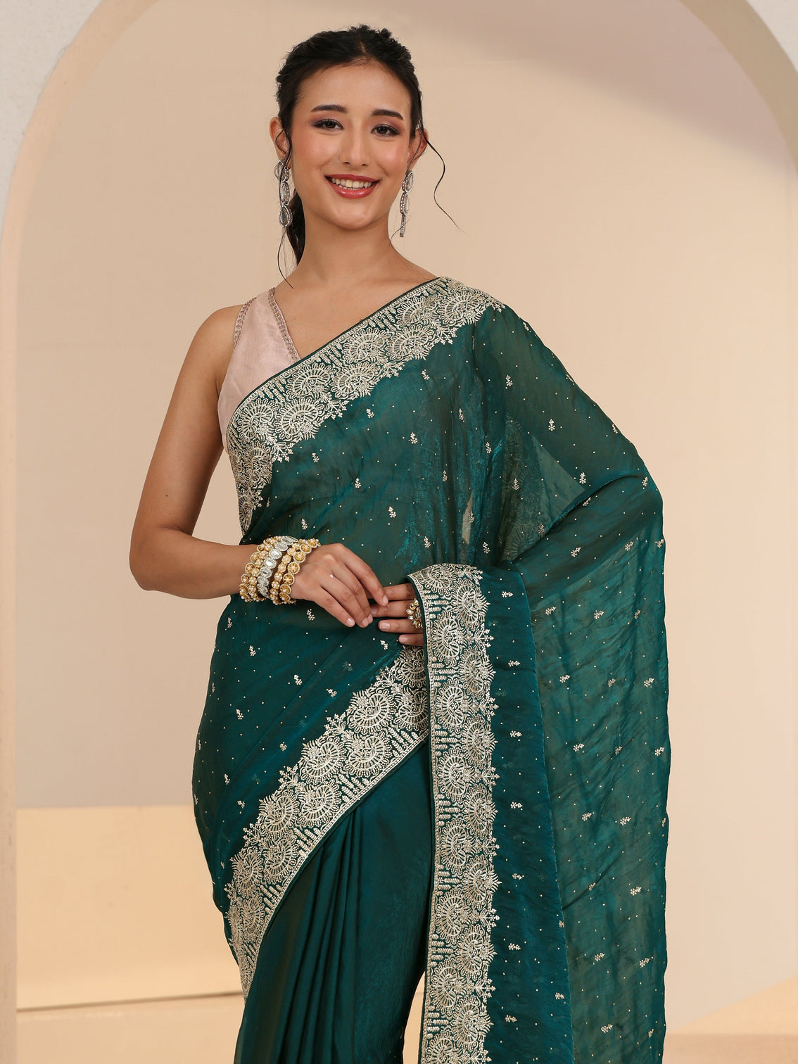 Mameraa Teal Green Embellished Tissue Saree