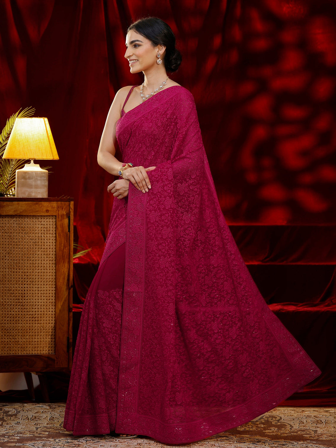 Mameraa Art Pink Floral Embroidered Georgette Saree