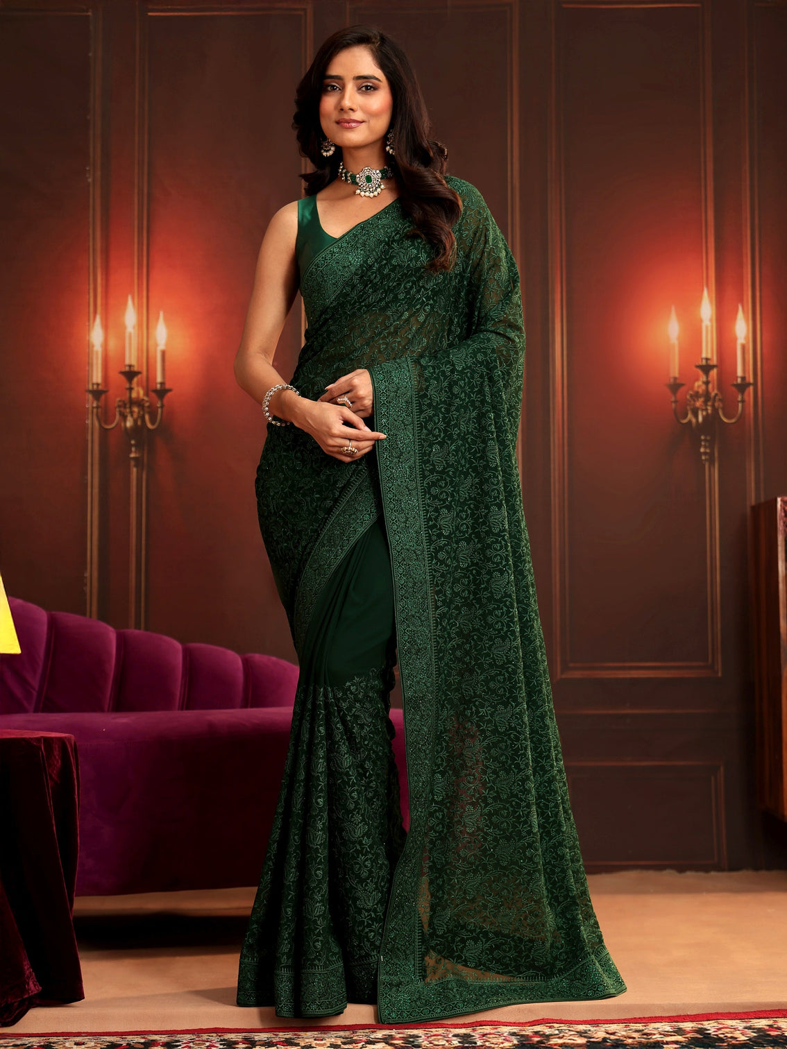 Mameraa Art Bottle Green Embroidered Georgette Saree