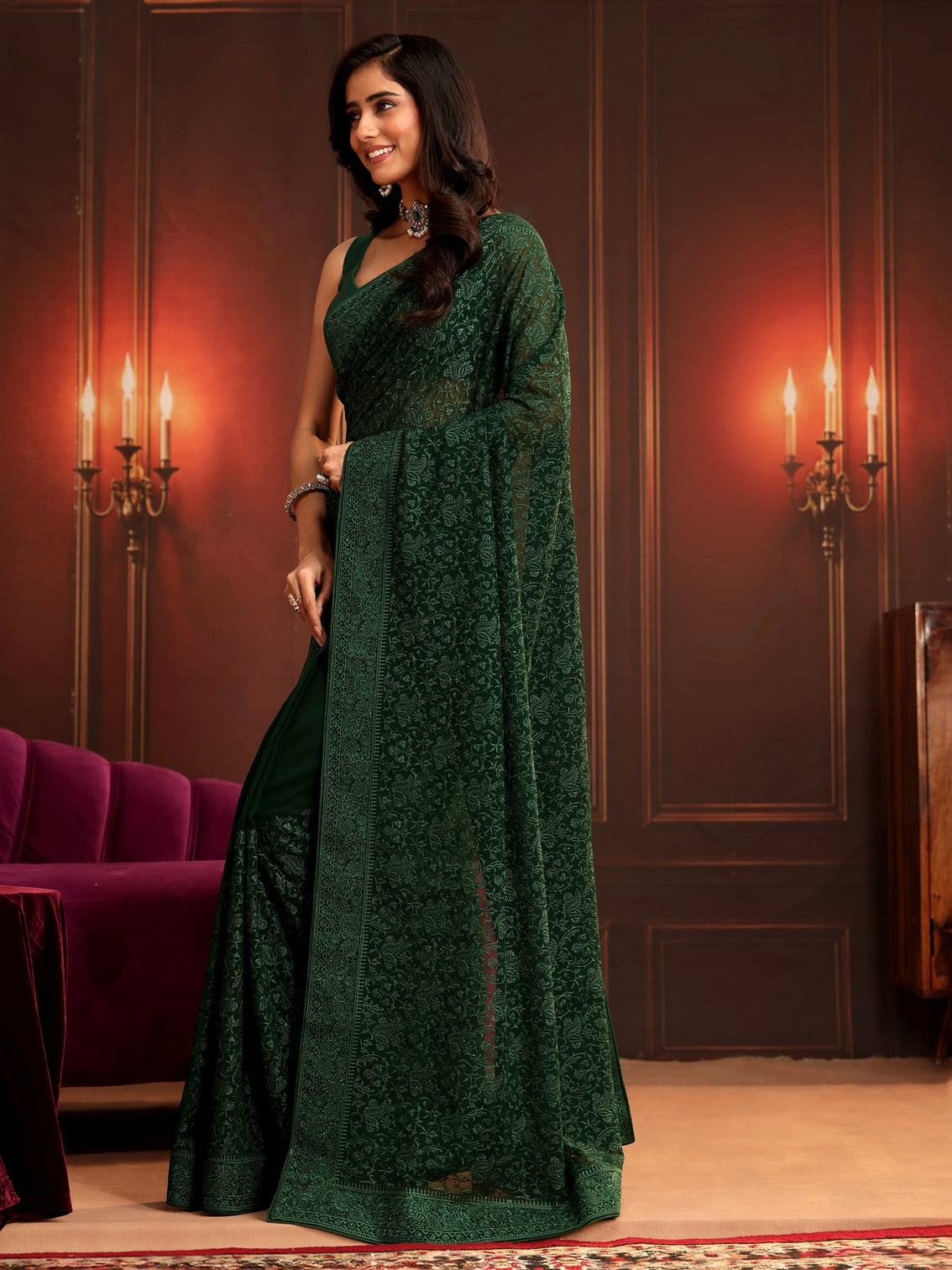 Mameraa Art Bottle Green Embroidered Georgette Saree