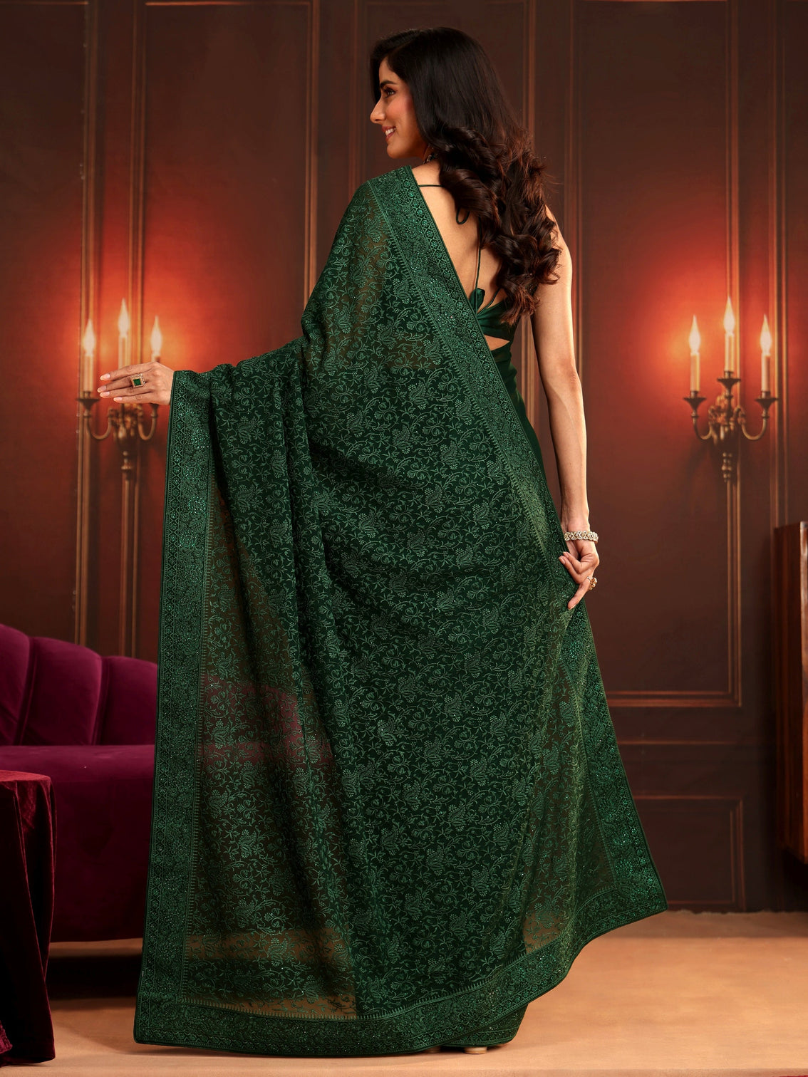 Mameraa Art Bottle Green Embroidered Georgette Saree