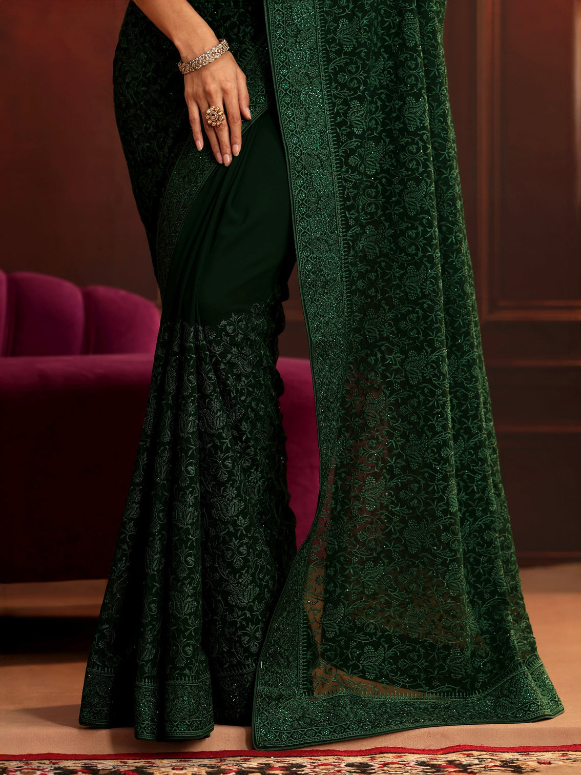 Mameraa Art Bottle Green Embroidered Georgette Saree