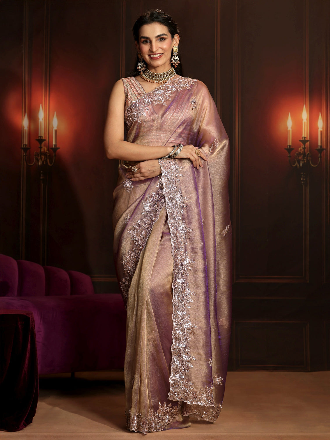 Mameraa Art Lavender Embellished Organza Saree