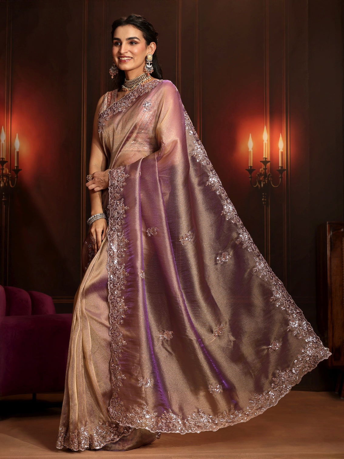Mameraa Art Lavender Embellished Organza Saree