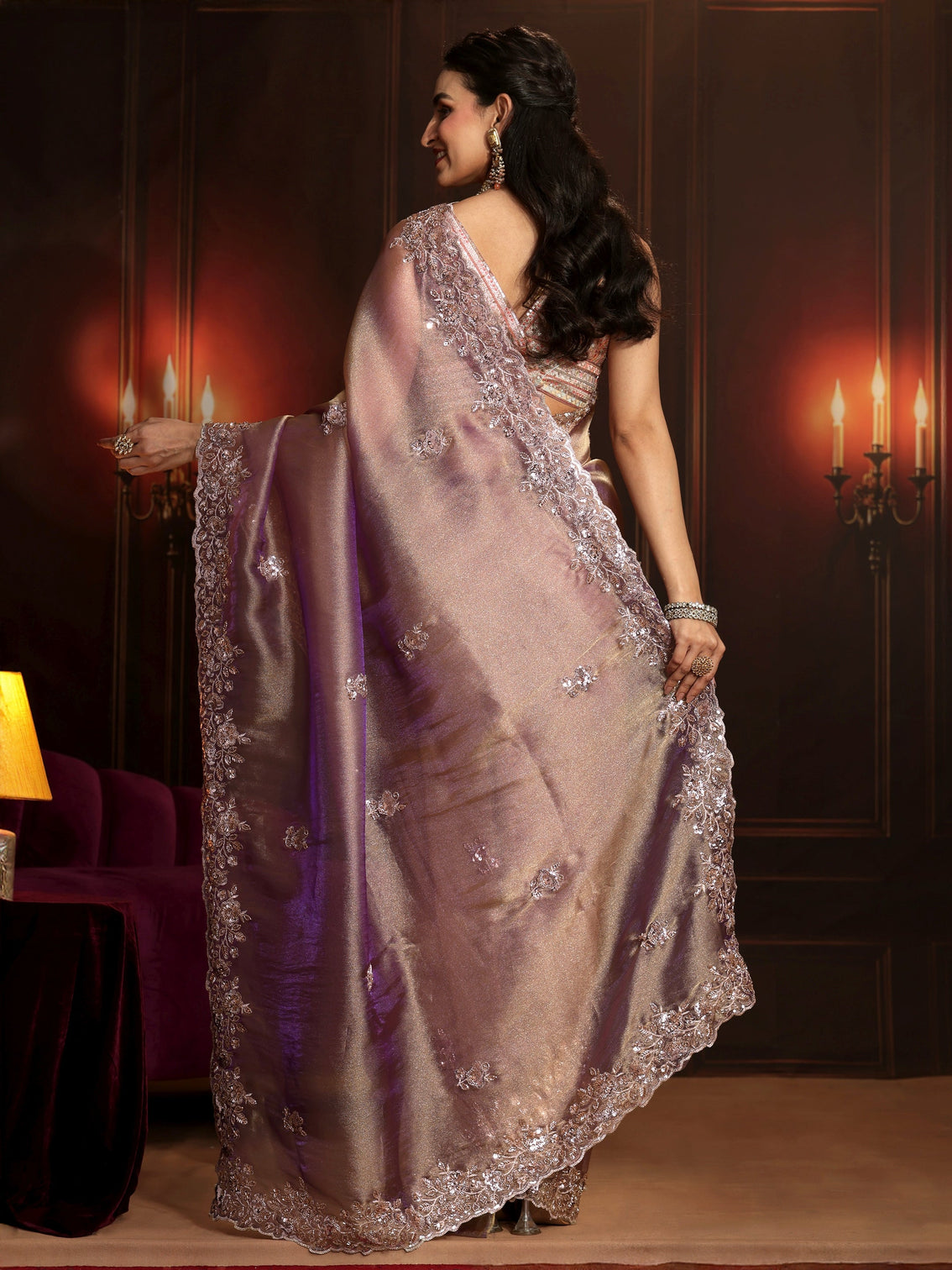 Mameraa Art Lavender Embellished Organza Saree