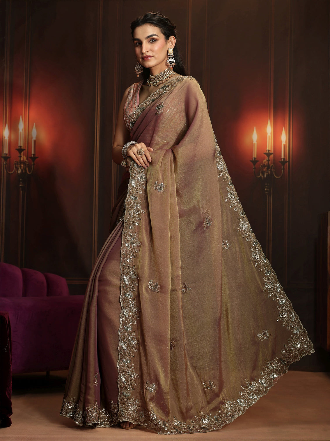 Mameraa Art Dusty Peach Pink Embellished Organza Saree