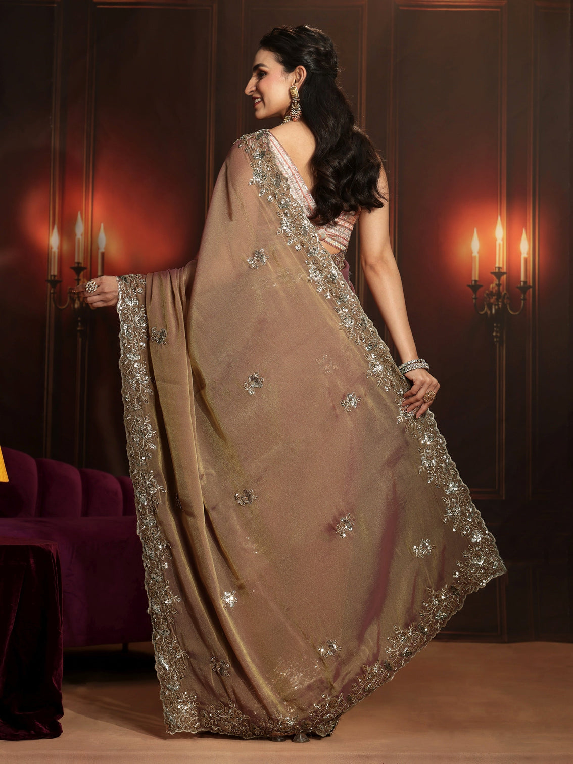 Mameraa Art Dusty Peach Pink Embellished Organza Saree