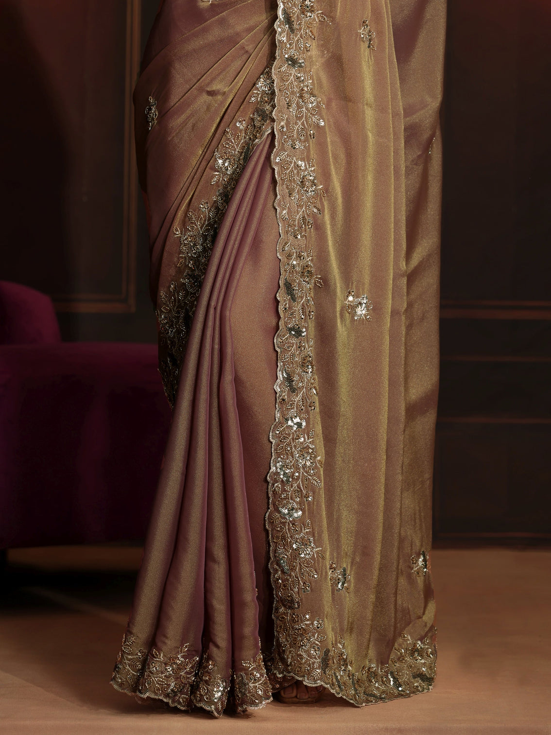 Mameraa Art Dusty Peach Pink Embellished Organza Saree