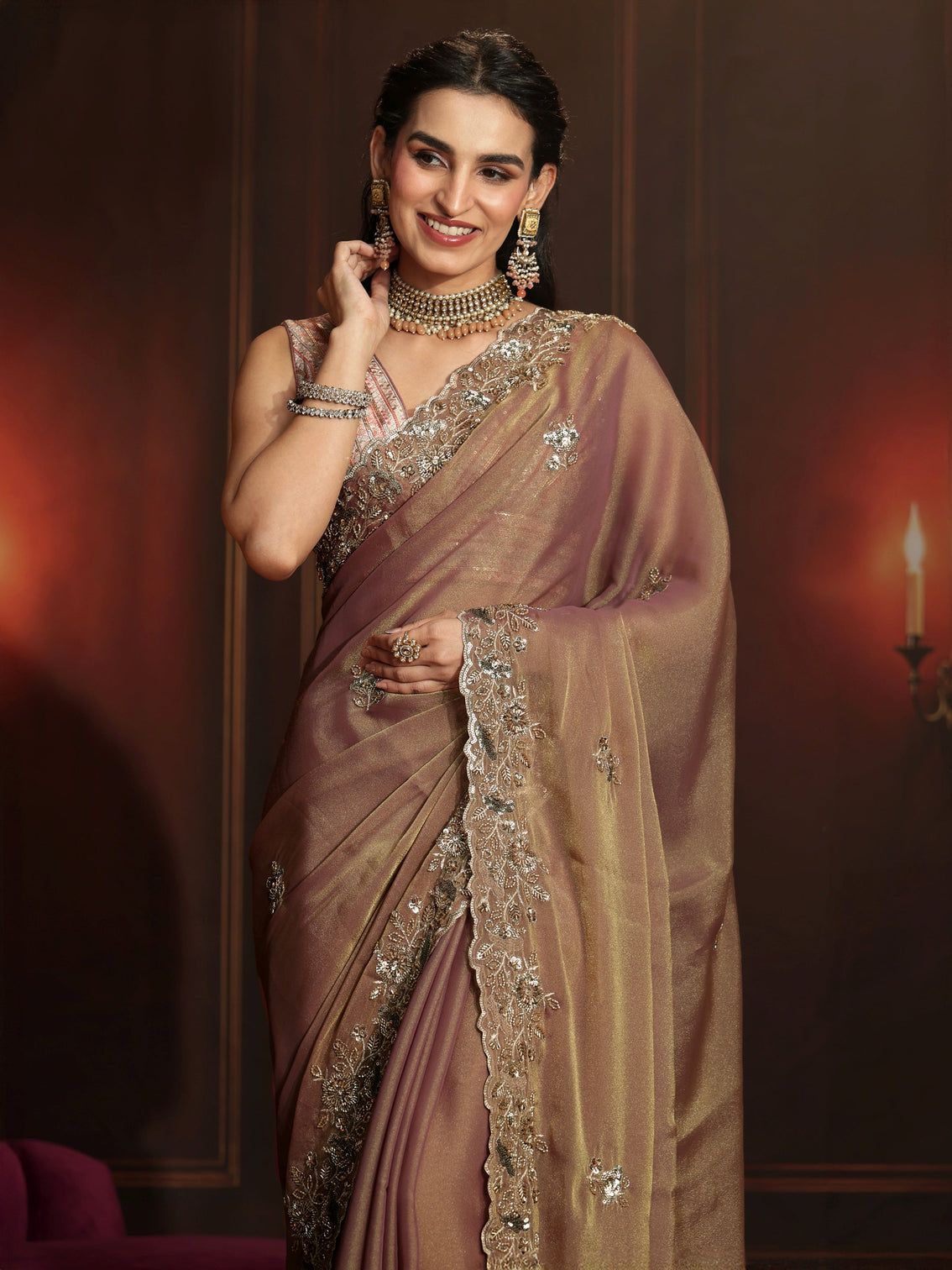 Mameraa Art Dusty Peach Pink Embellished Organza Saree