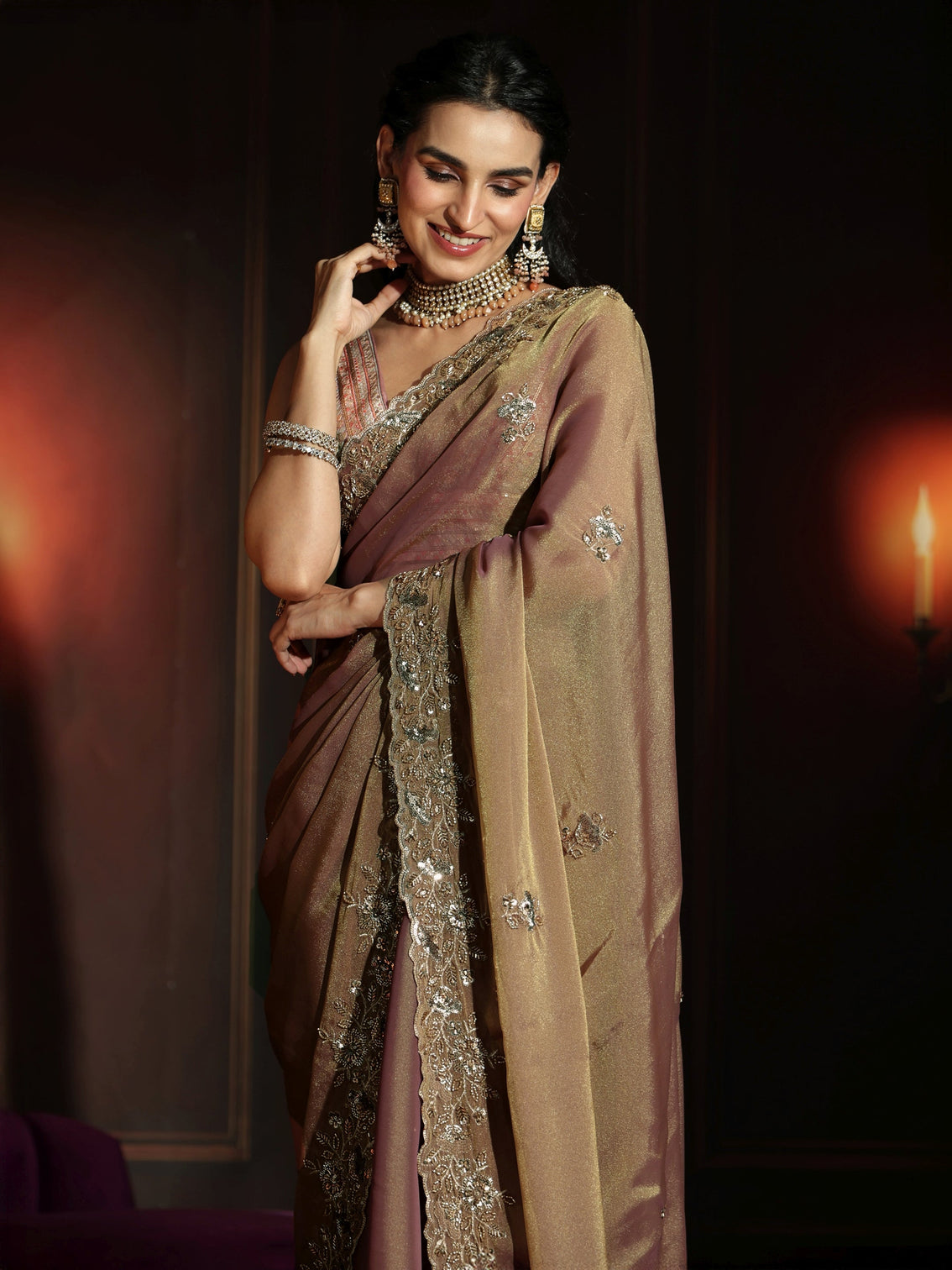 Mameraa Art Dusty Peach Pink Embellished Organza Saree