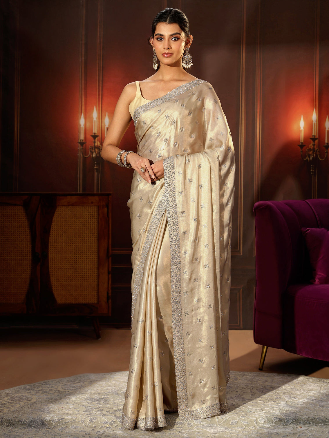 Mameraa Art Cream Embellished Tissue Saree