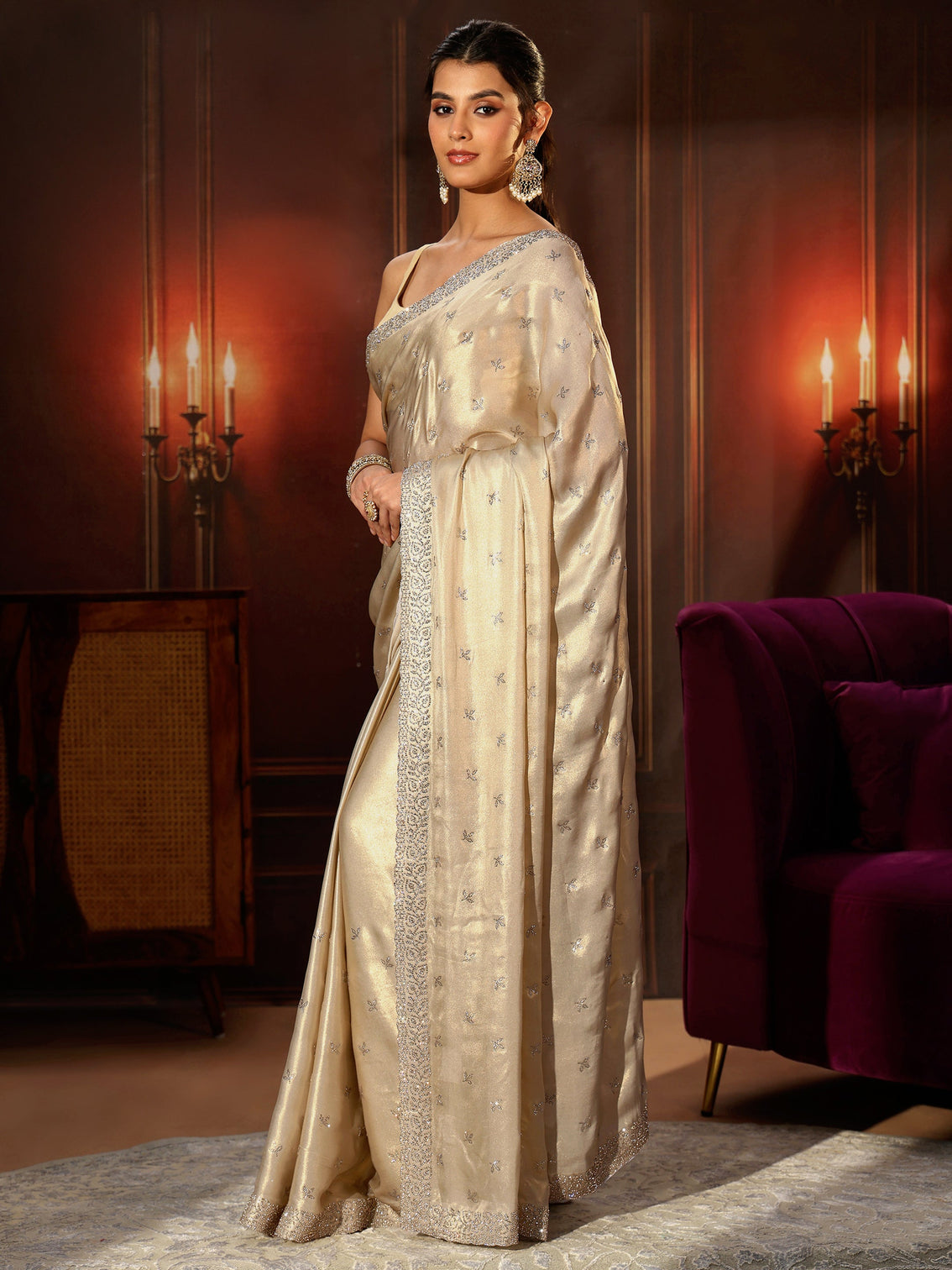 Mameraa Art Cream Embellished Tissue Saree