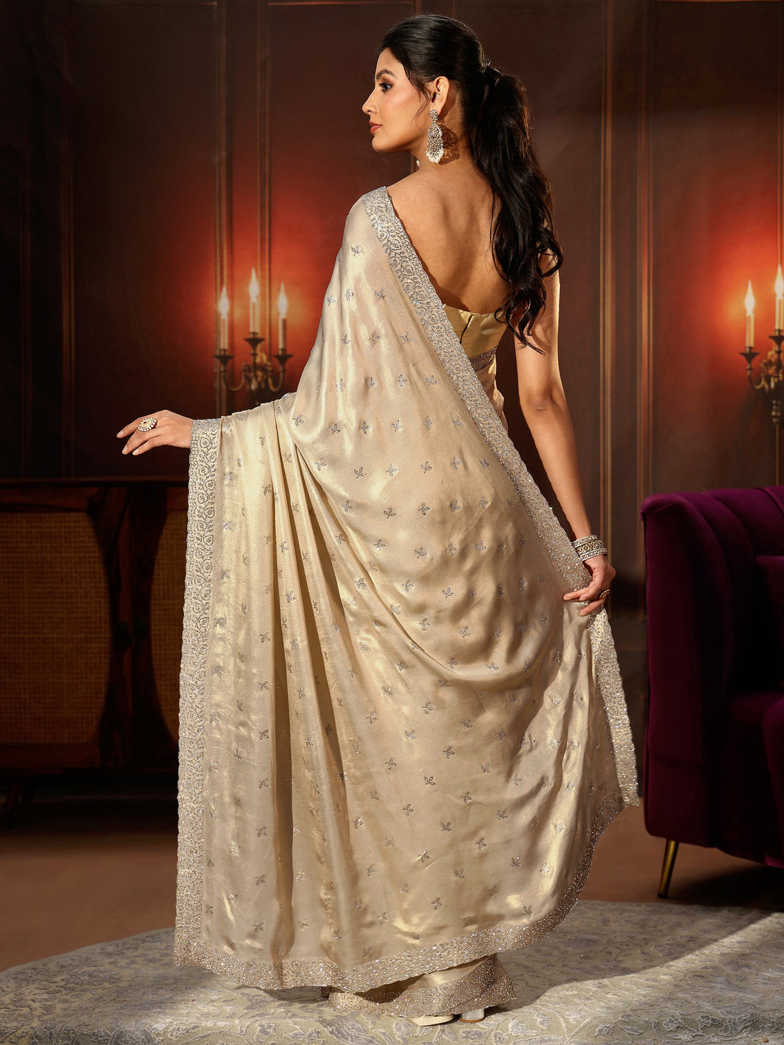 Mameraa Art Cream Embellished Tissue Saree