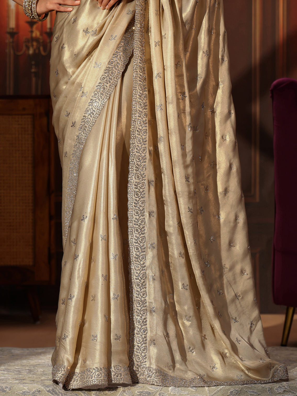 Mameraa Art Cream Embellished Tissue Saree